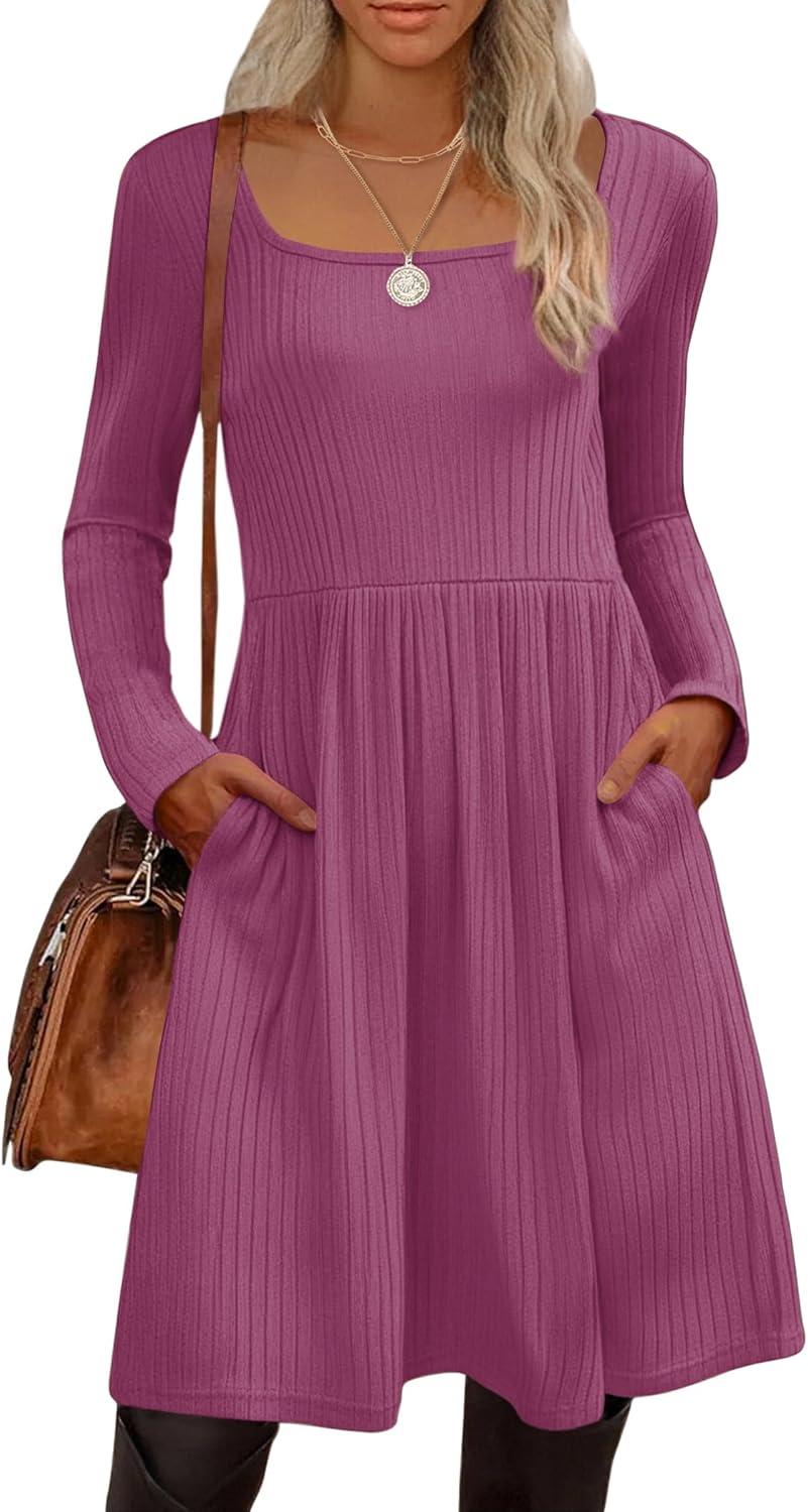 imageZEAGOO Women Dresses Spring Fall 2026 Sweater Dress Long Sleeve Casual Knit Dresses with PocketsPurple