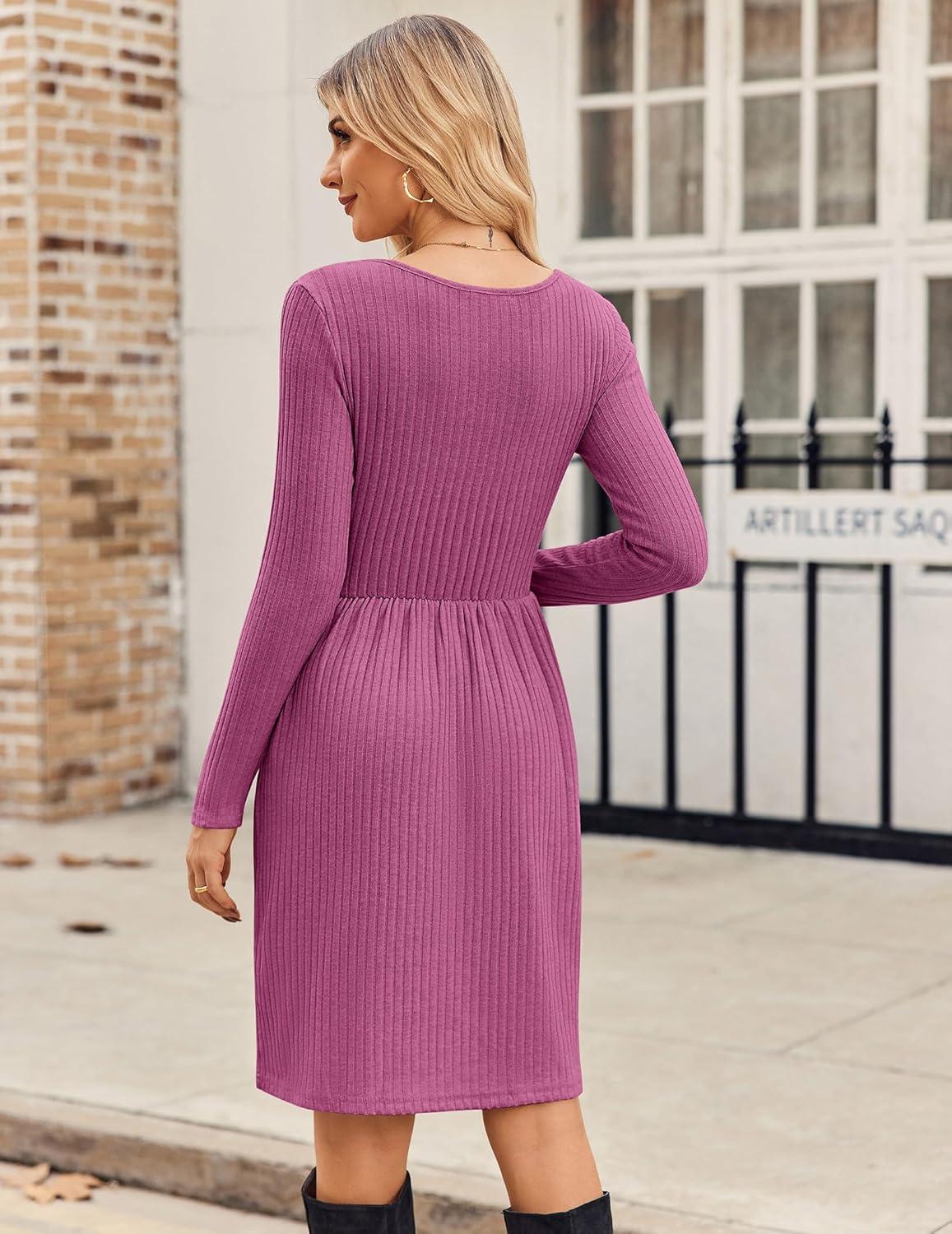imageZEAGOO Women Dresses Spring Fall 2026 Sweater Dress Long Sleeve Casual Knit Dresses with PocketsPurple