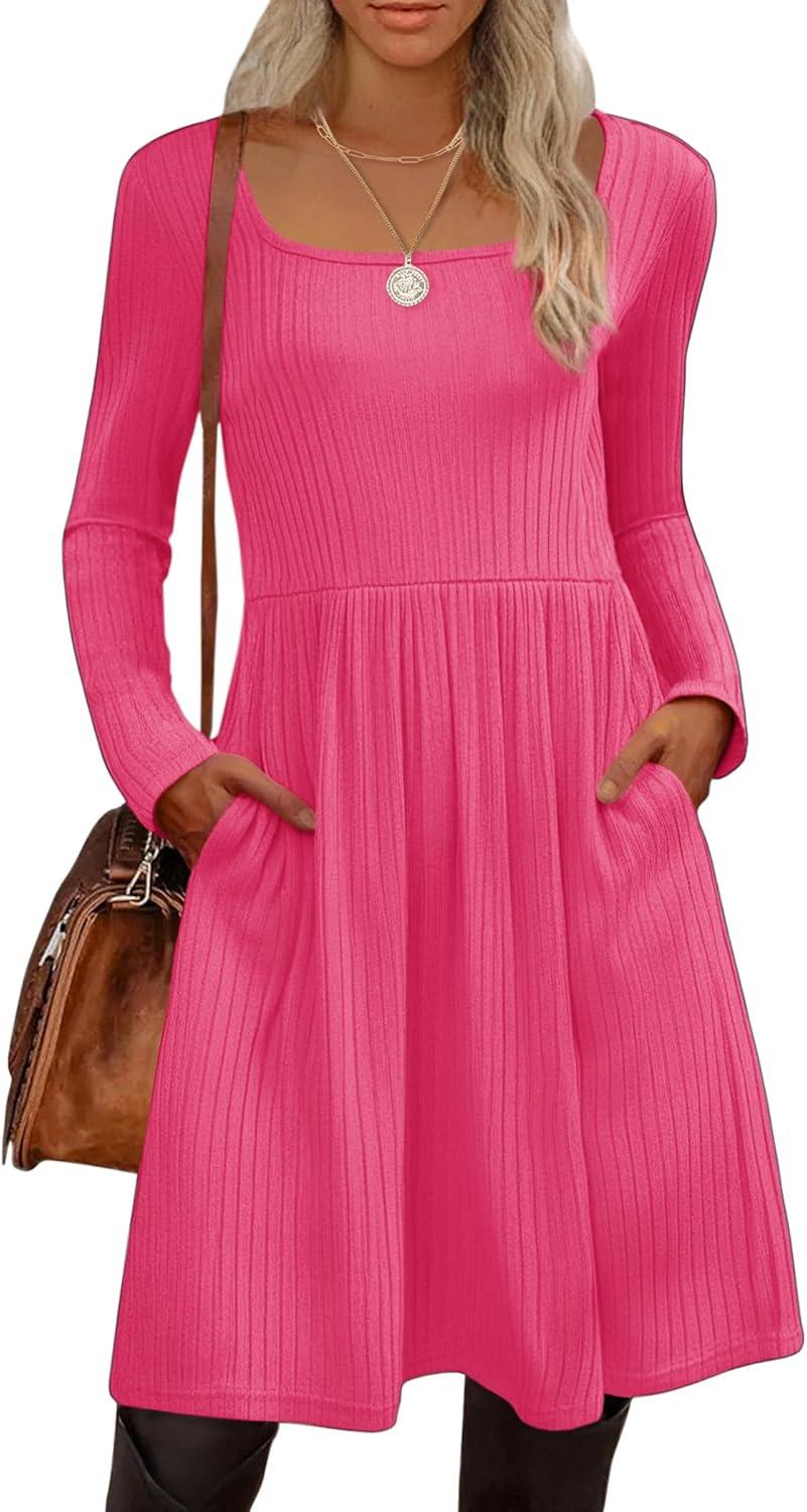 imageZEAGOO Women Dresses Spring Fall 2026 Sweater Dress Long Sleeve Casual Knit Dresses with PocketsRed