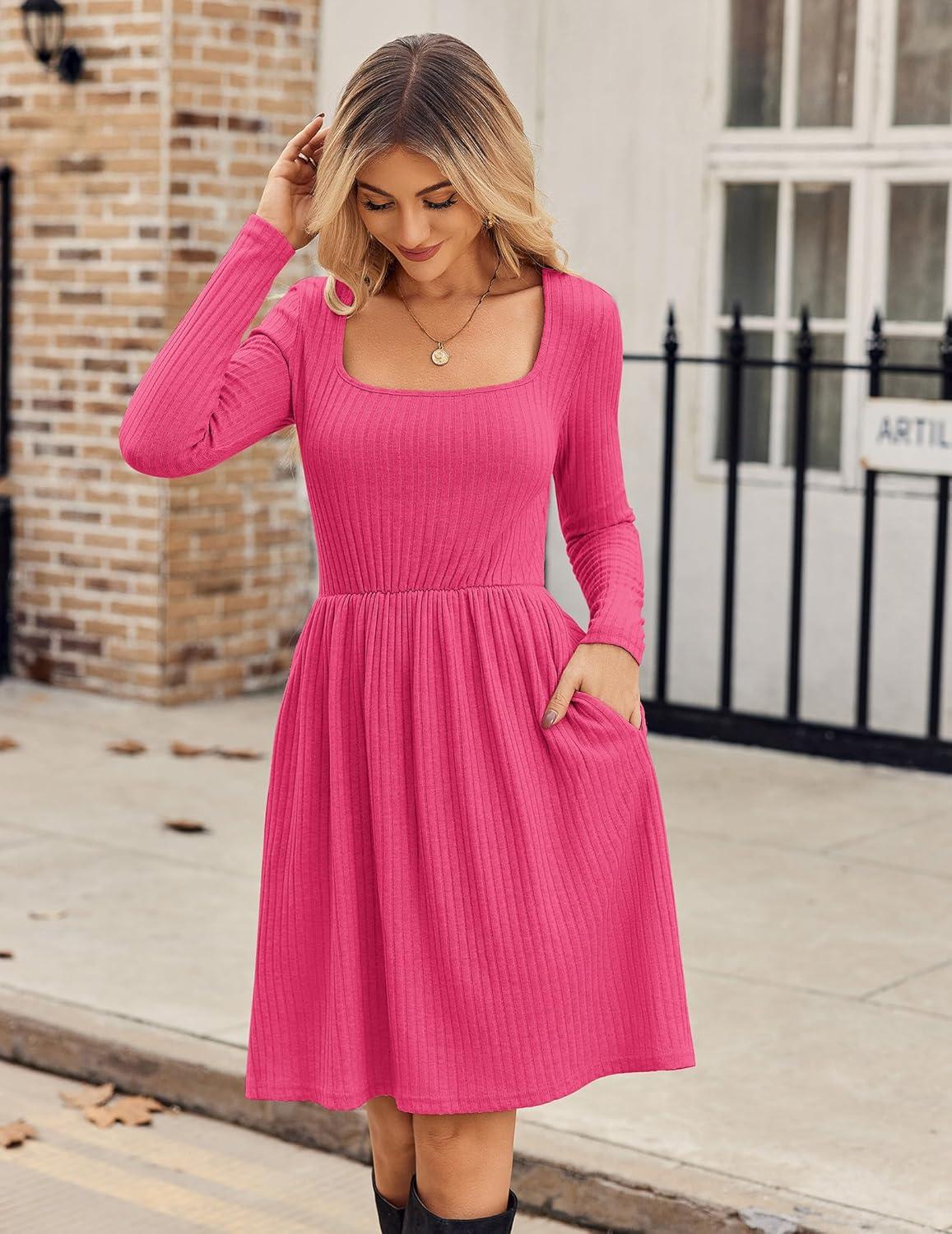 imageZEAGOO Women Dresses Spring Fall 2026 Sweater Dress Long Sleeve Casual Knit Dresses with PocketsRed