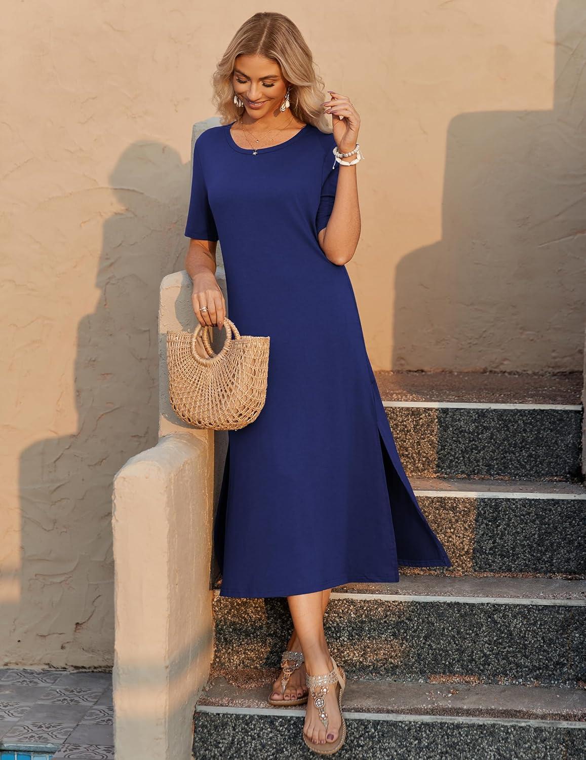 imageZEAGOO Women Summer Dress Casual Beach Dress Floral Maxi Split Long Dress 2026 Vacation Dress01 Navy