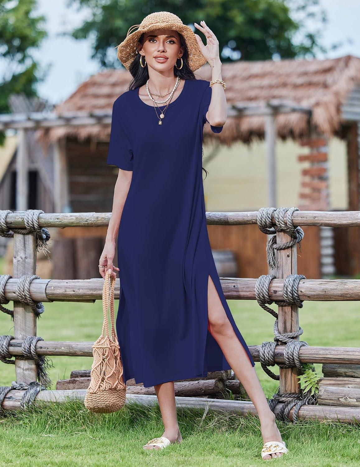 imageZEAGOO Women Summer Dress Casual Beach Dress Floral Maxi Split Long Dress 2026 Vacation Dress01 Navy