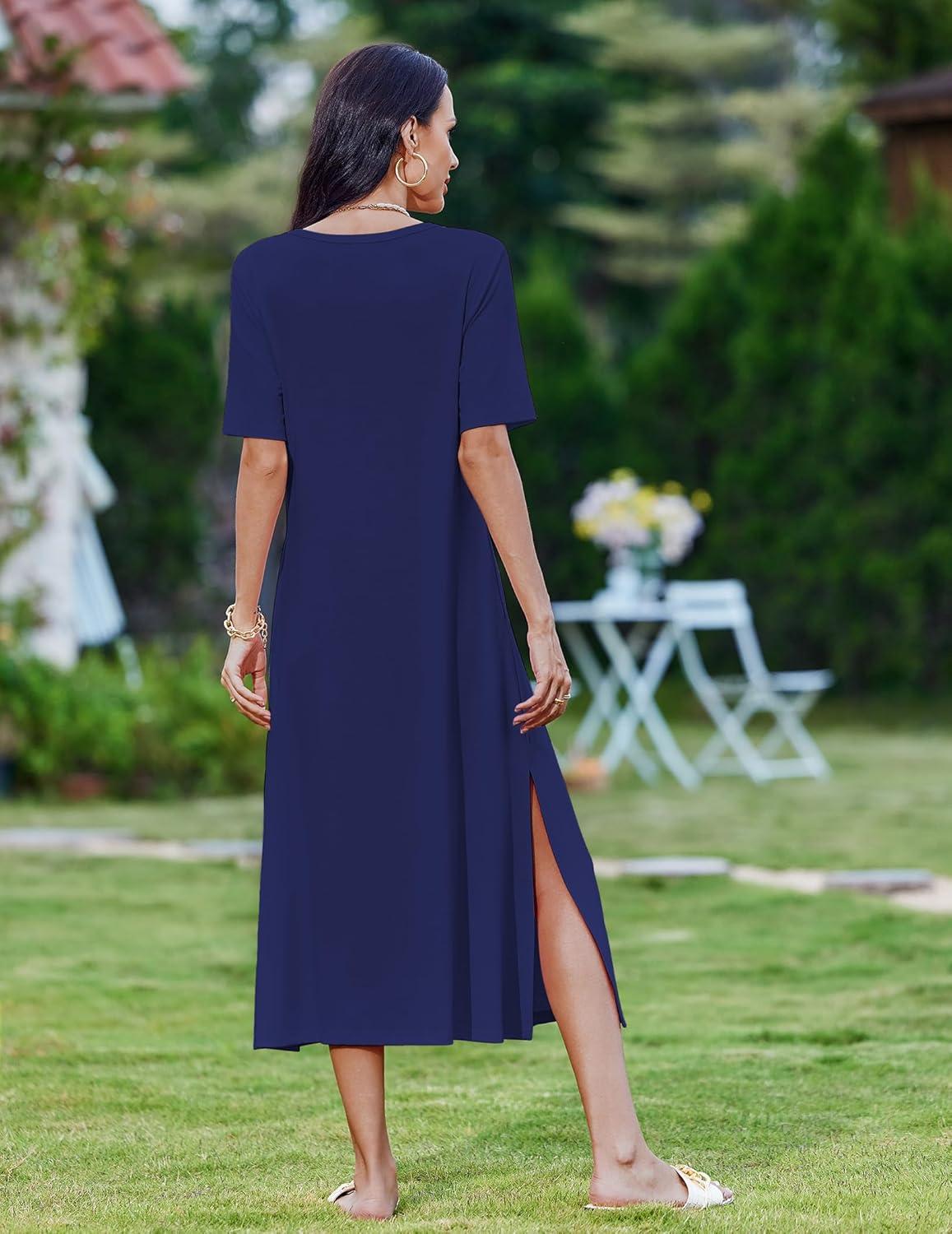 imageZEAGOO Women Summer Dress Casual Beach Dress Floral Maxi Split Long Dress 2026 Vacation Dress01 Navy