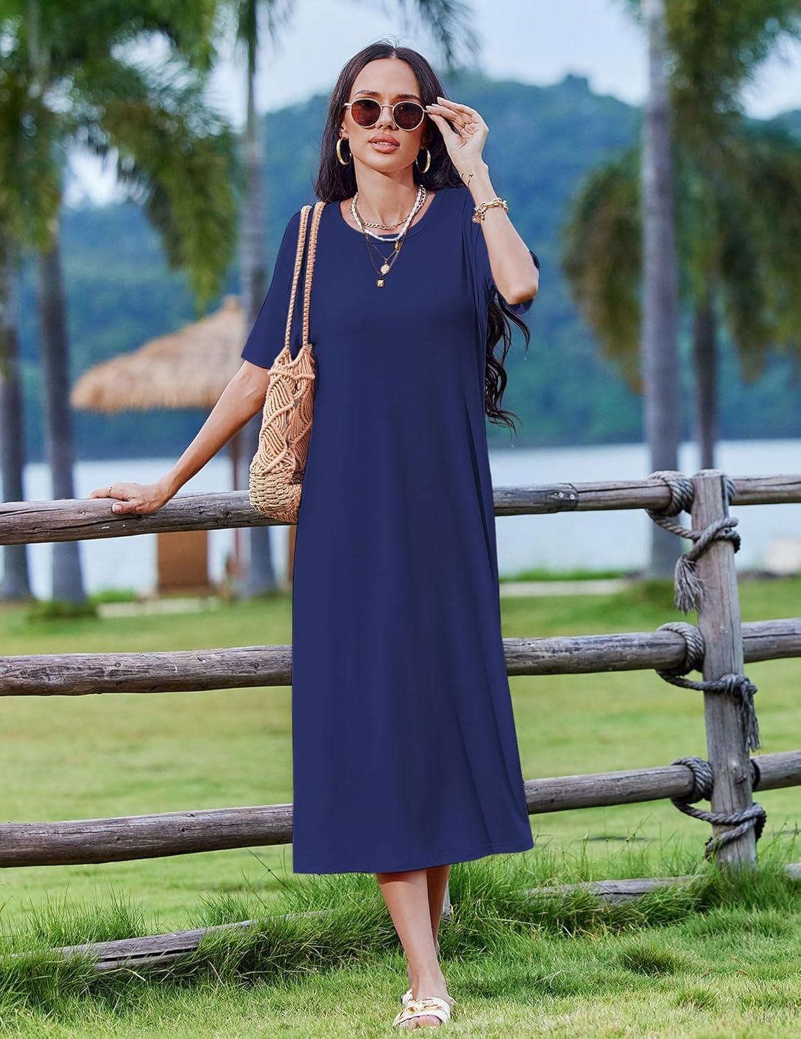 imageZEAGOO Women Summer Dress Casual Beach Dress Floral Maxi Split Long Dress 2026 Vacation Dress01 Navy