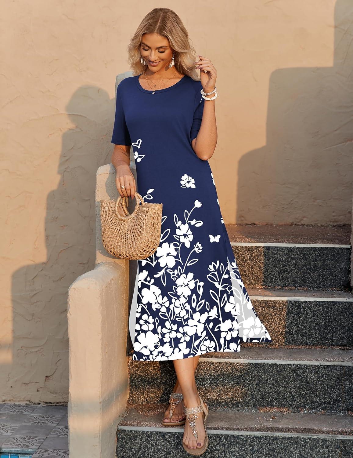 imageZEAGOO Women Summer Dress Casual Beach Dress Floral Maxi Split Long Dress 2026 Vacation Dress02 Navy