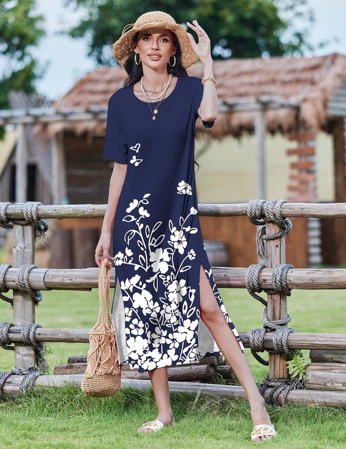 imageZEAGOO Women Summer Dress Casual Beach Dress Floral Maxi Split Long Dress 2026 Vacation Dress02 Navy