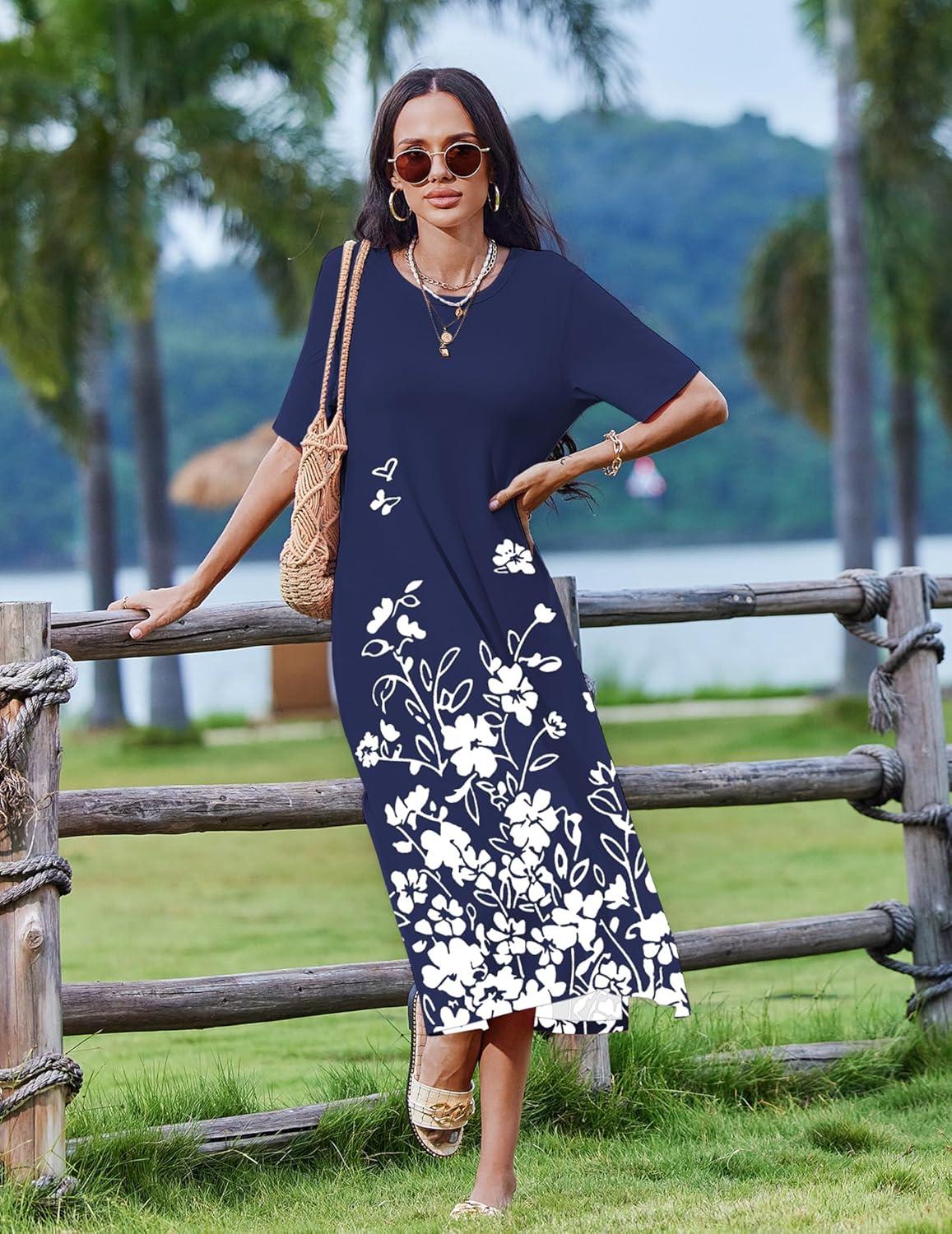 imageZEAGOO Women Summer Dress Casual Beach Dress Floral Maxi Split Long Dress 2026 Vacation Dress02 Navy