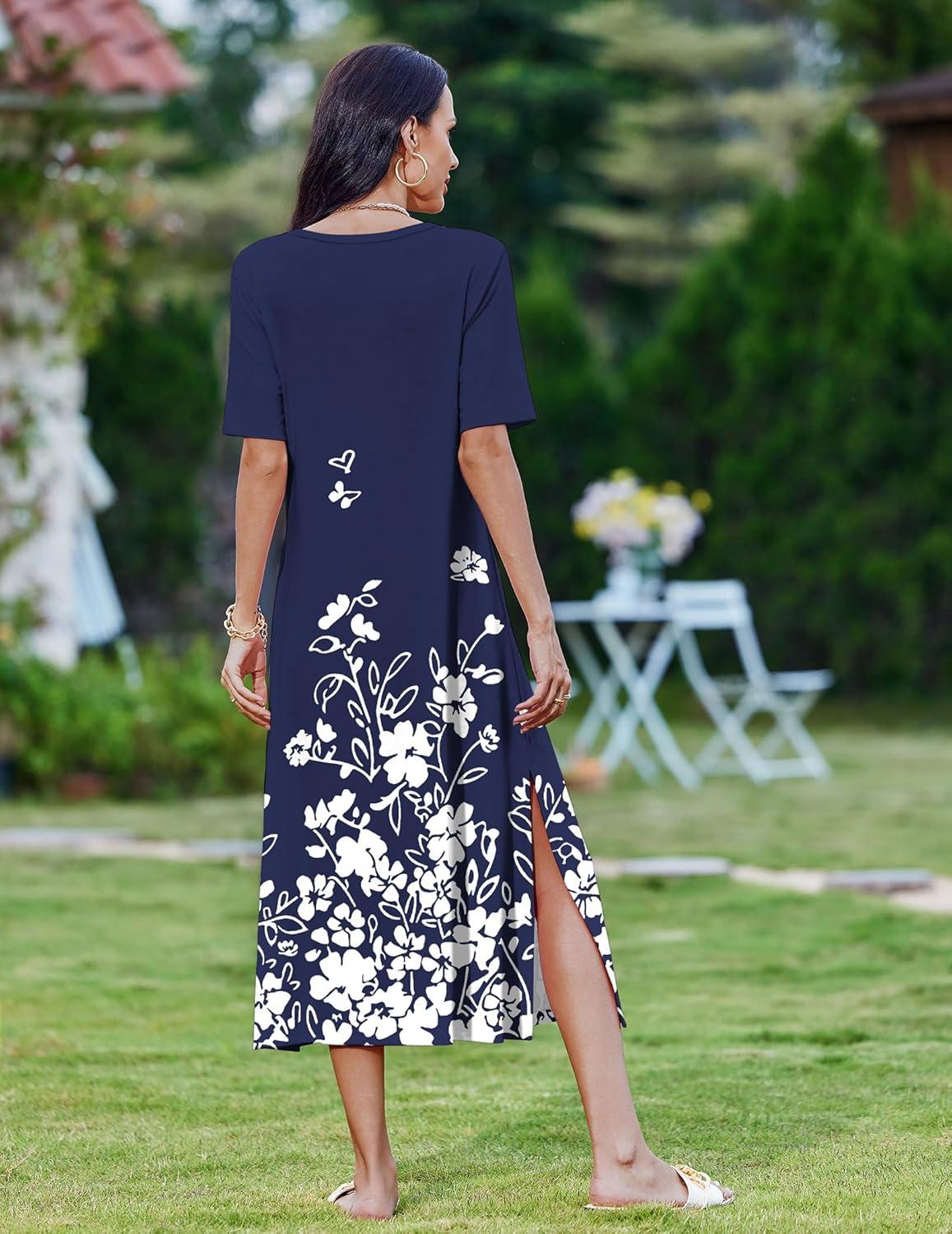 imageZEAGOO Women Summer Dress Casual Beach Dress Floral Maxi Split Long Dress 2026 Vacation Dress02 Navy