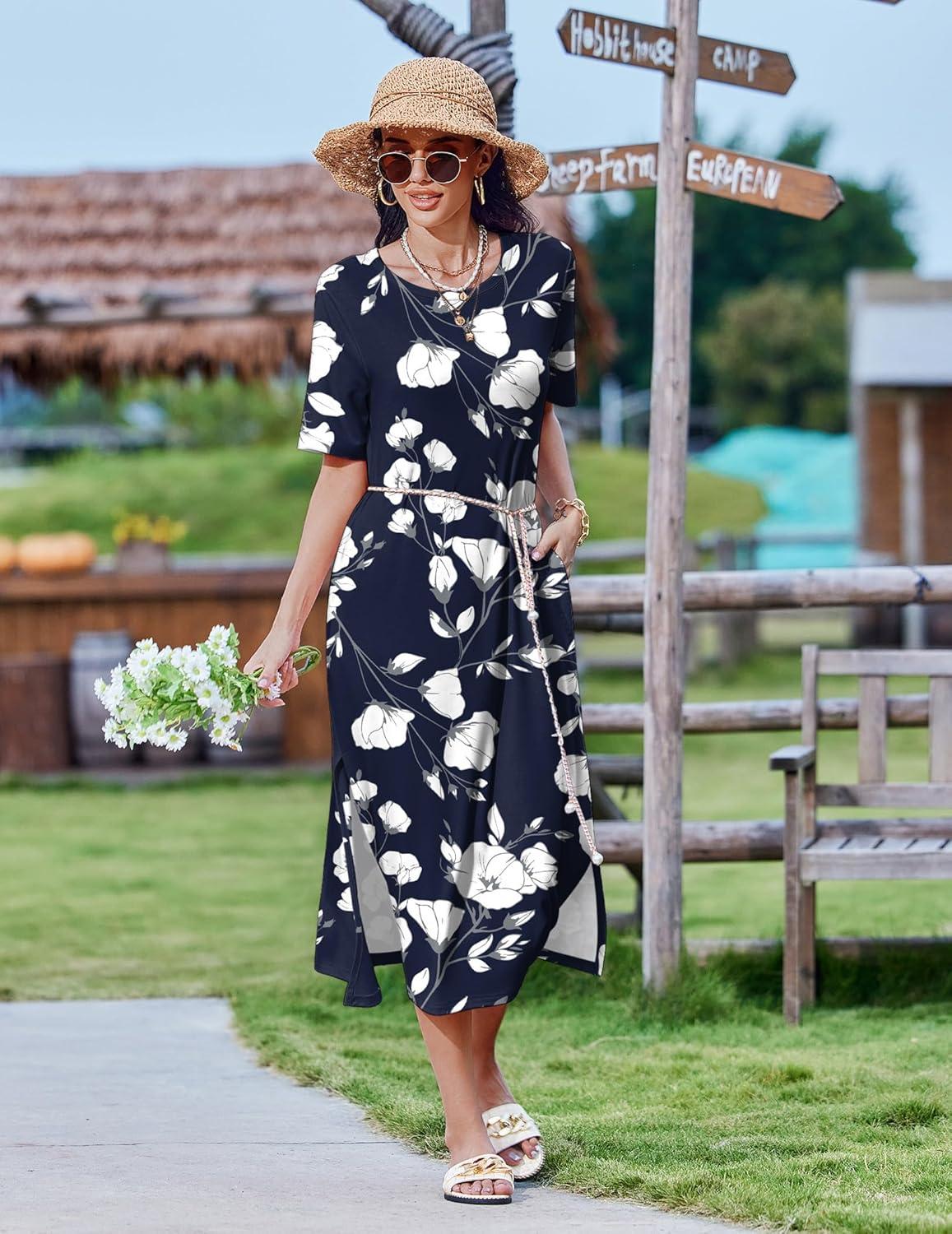 imageZEAGOO Women Summer Dress Casual Beach Dress Floral Maxi Split Long Dress 2026 Vacation Dress03 Navy