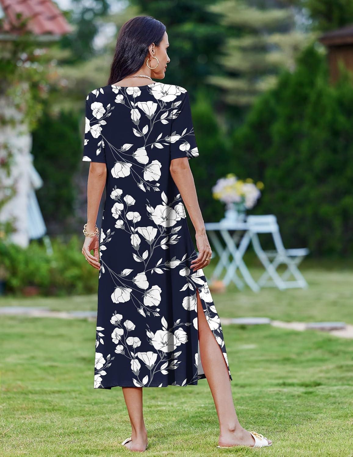 imageZEAGOO Women Summer Dress Casual Beach Dress Floral Maxi Split Long Dress 2026 Vacation Dress03 Navy