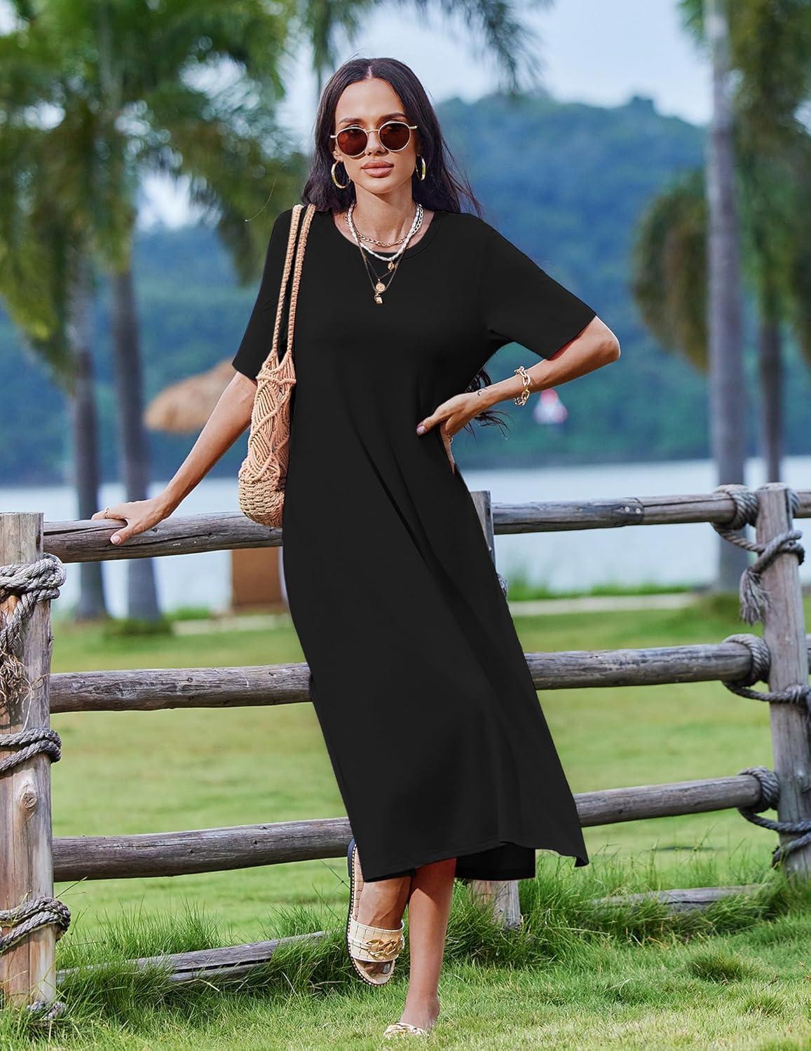 imageZEAGOO Women Summer Dress Casual Beach Dress Floral Maxi Split Long Dress 2026 Vacation DressBlack