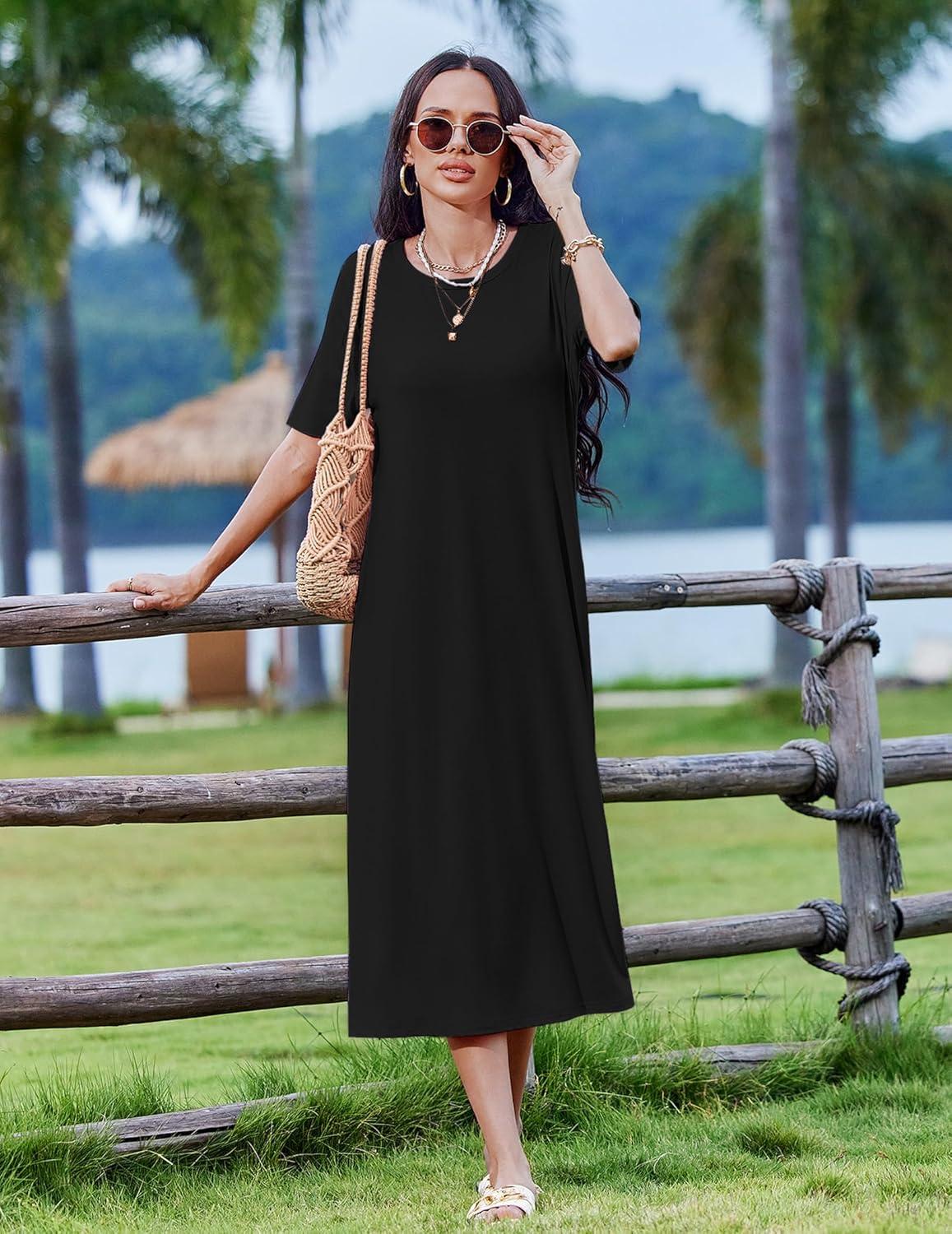 imageZEAGOO Women Summer Dress Casual Beach Dress Floral Maxi Split Long Dress 2026 Vacation DressBlack