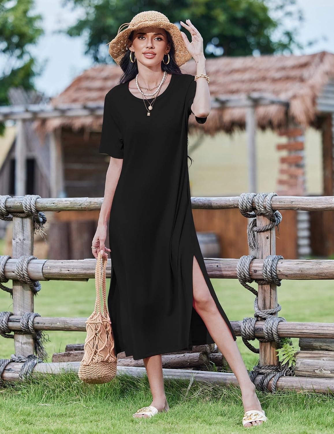 imageZEAGOO Women Summer Dress Casual Beach Dress Floral Maxi Split Long Dress 2026 Vacation DressBlack