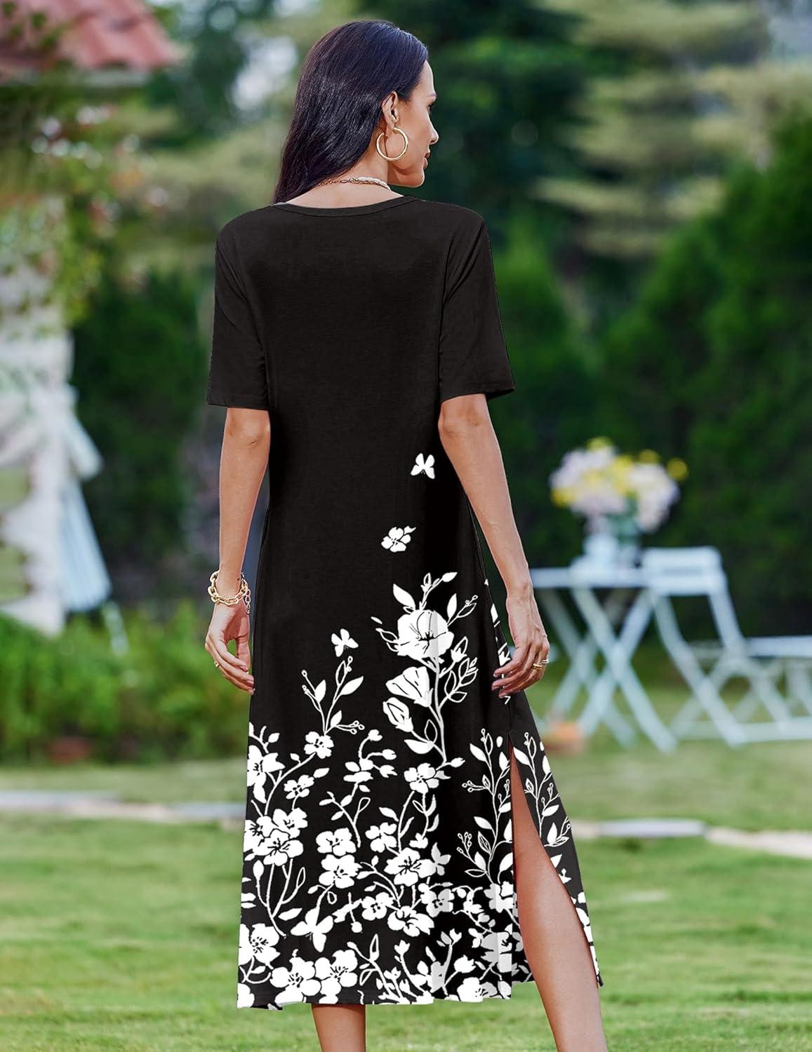 imageZEAGOO Women Summer Dress Casual Beach Dress Floral Maxi Split Long Dress 2026 Vacation DressBlack Floral