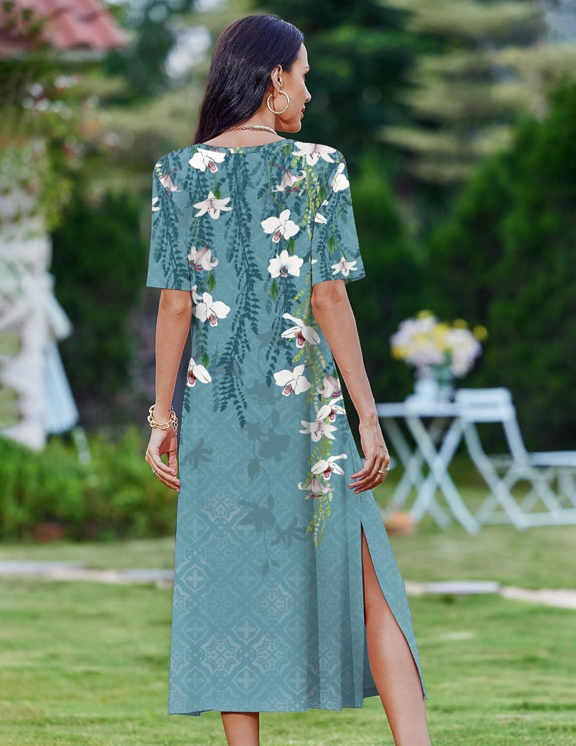imageZEAGOO Women Summer Dress Casual Beach Dress Floral Maxi Split Long Dress 2026 Vacation DressBlue