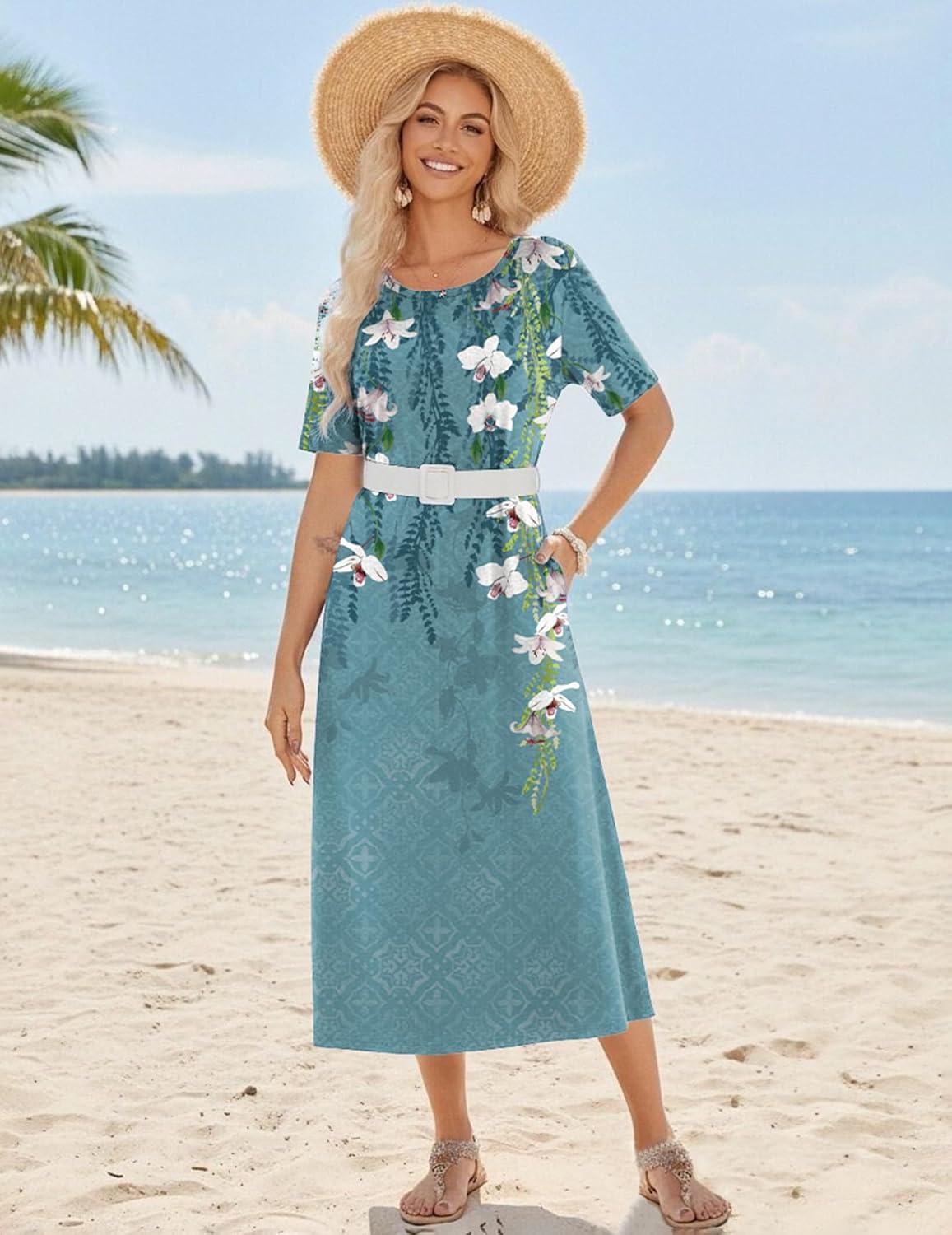 imageZEAGOO Women Summer Dress Casual Beach Dress Floral Maxi Split Long Dress 2026 Vacation DressBlue