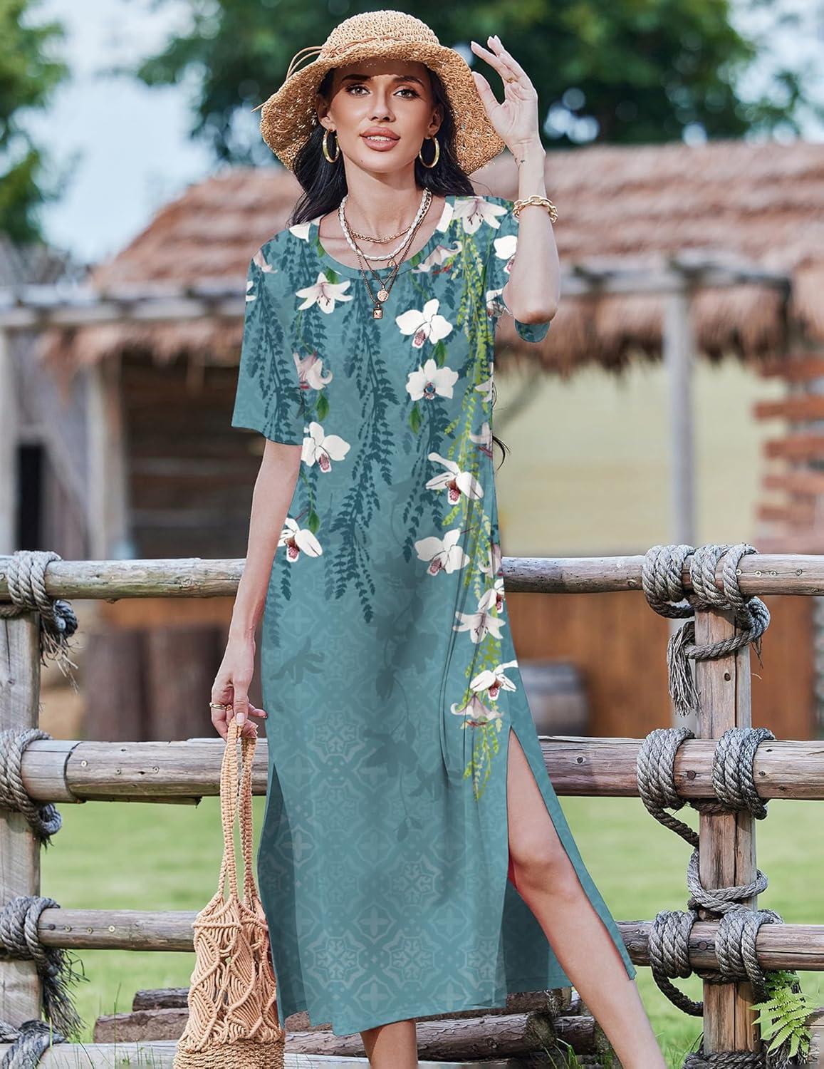 imageZEAGOO Women Summer Dress Casual Beach Dress Floral Maxi Split Long Dress 2026 Vacation DressBlue