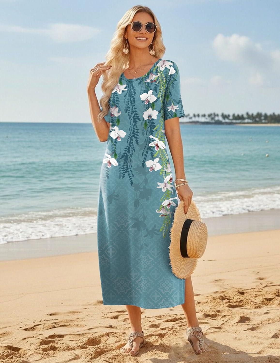 imageZEAGOO Women Summer Dress Casual Beach Dress Floral Maxi Split Long Dress 2026 Vacation DressBlue