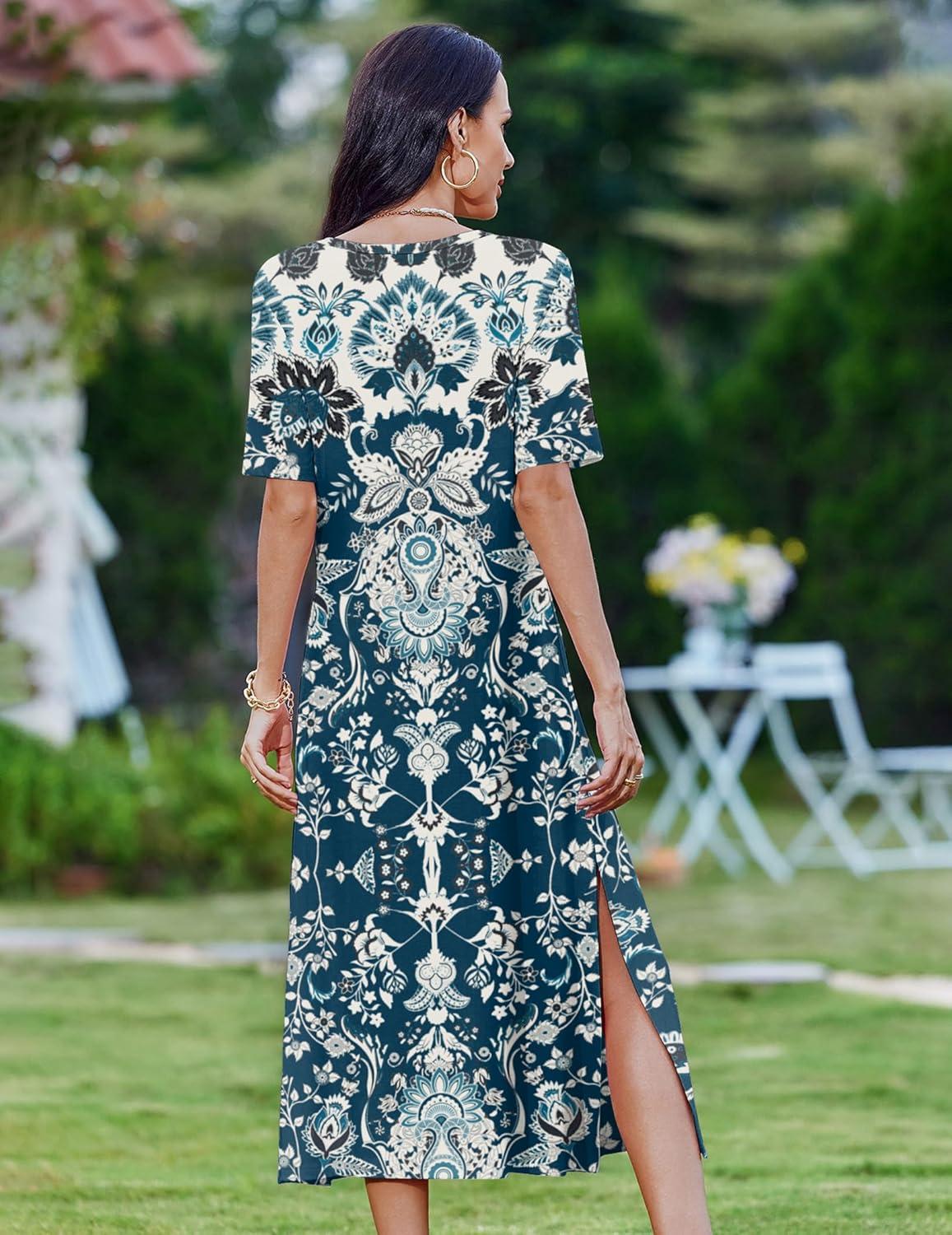 imageZEAGOO Women Summer Dress Casual Beach Dress Floral Maxi Split Long Dress 2026 Vacation DressBlue Mz924
