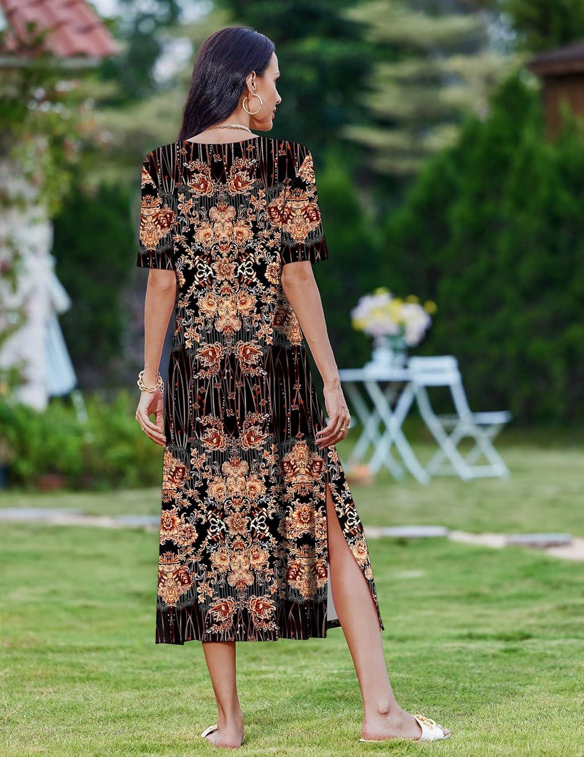 imageZEAGOO Women Summer Dress Casual Beach Dress Floral Maxi Split Long Dress 2026 Vacation DressBrown