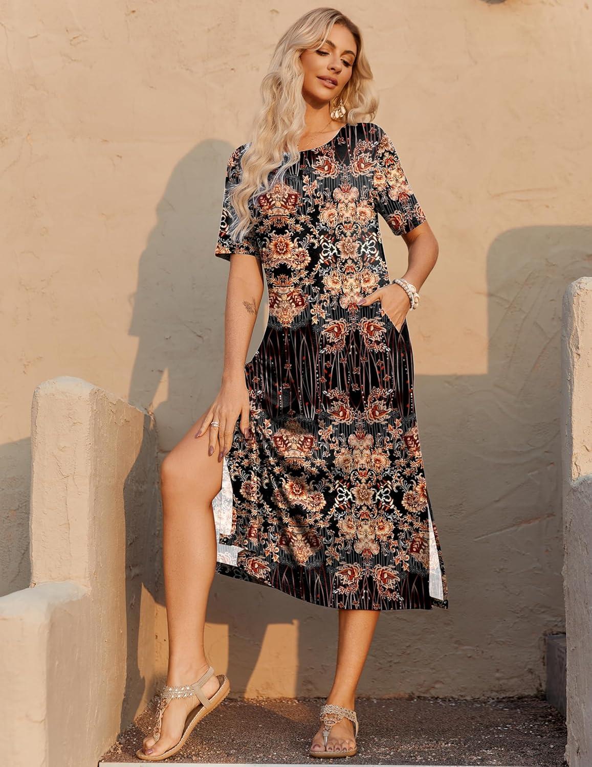 imageZEAGOO Women Summer Dress Casual Beach Dress Floral Maxi Split Long Dress 2026 Vacation DressBrown