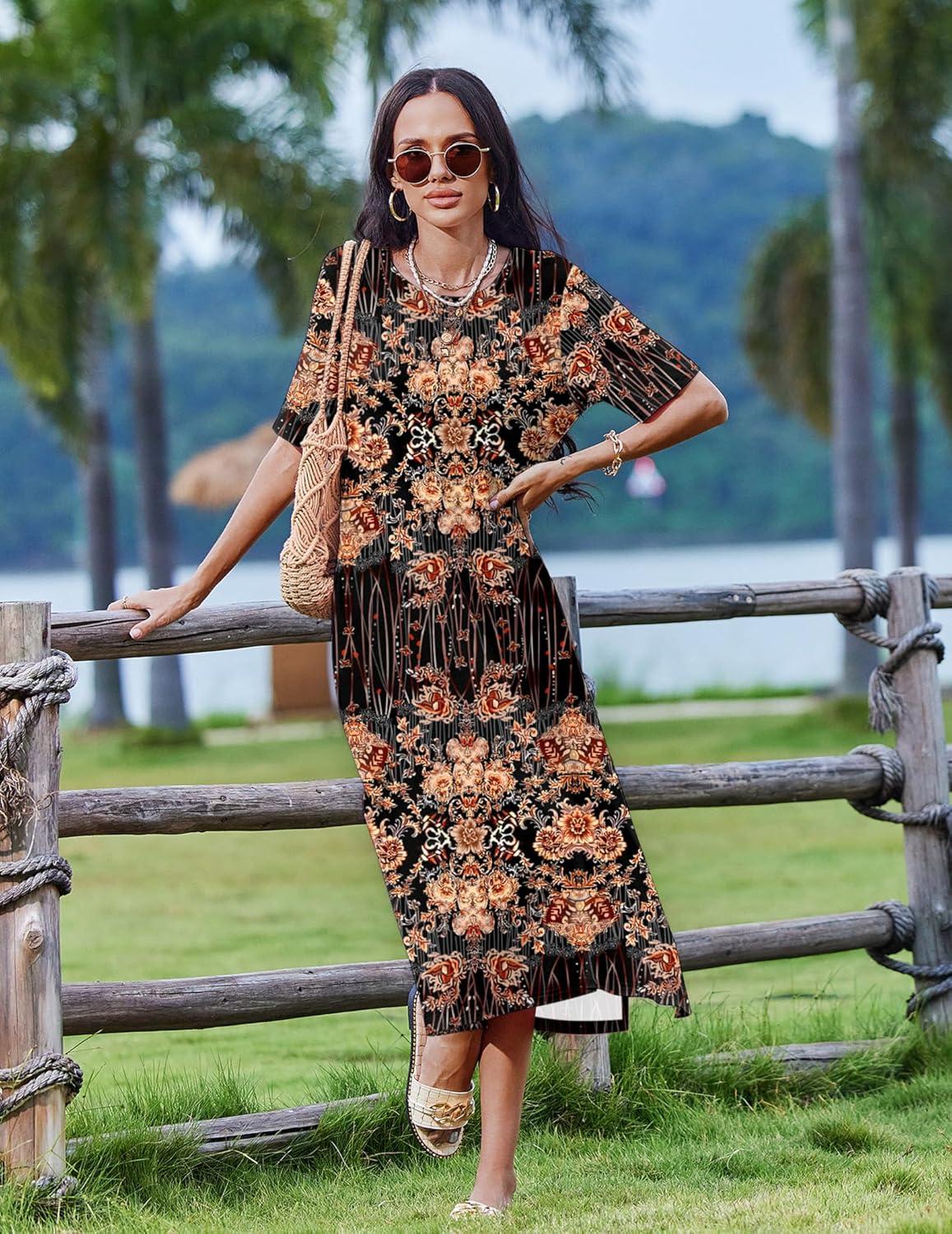 imageZEAGOO Women Summer Dress Casual Beach Dress Floral Maxi Split Long Dress 2026 Vacation DressBrown