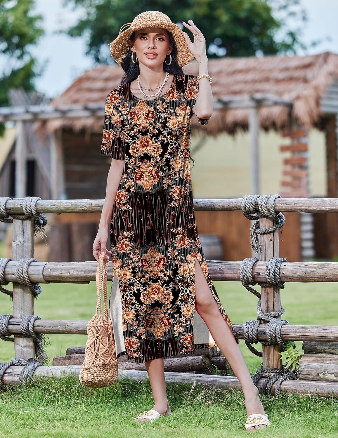 imageZEAGOO Women Summer Dress Casual Beach Dress Floral Maxi Split Long Dress 2026 Vacation DressBrown