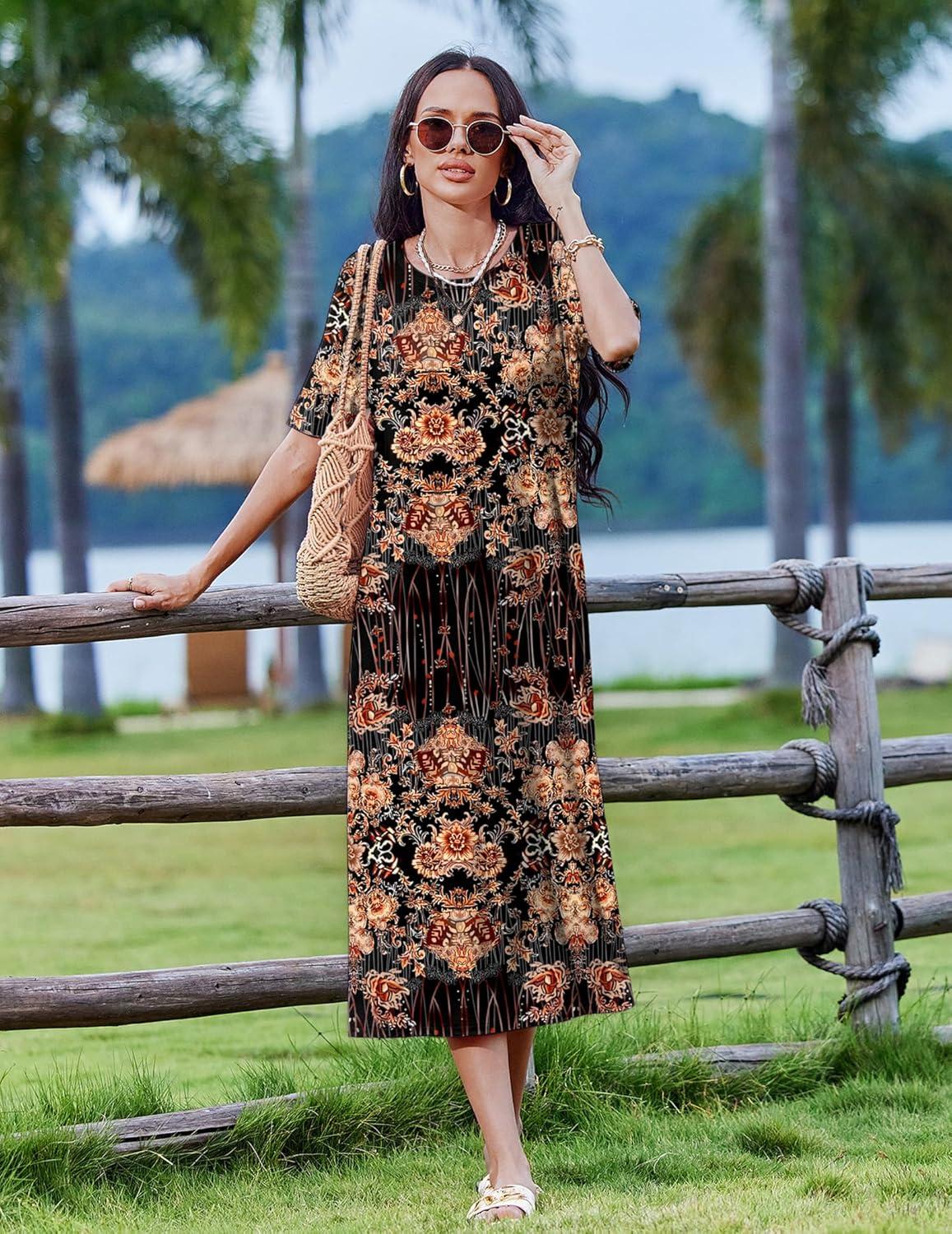 imageZEAGOO Women Summer Dress Casual Beach Dress Floral Maxi Split Long Dress 2026 Vacation DressBrown