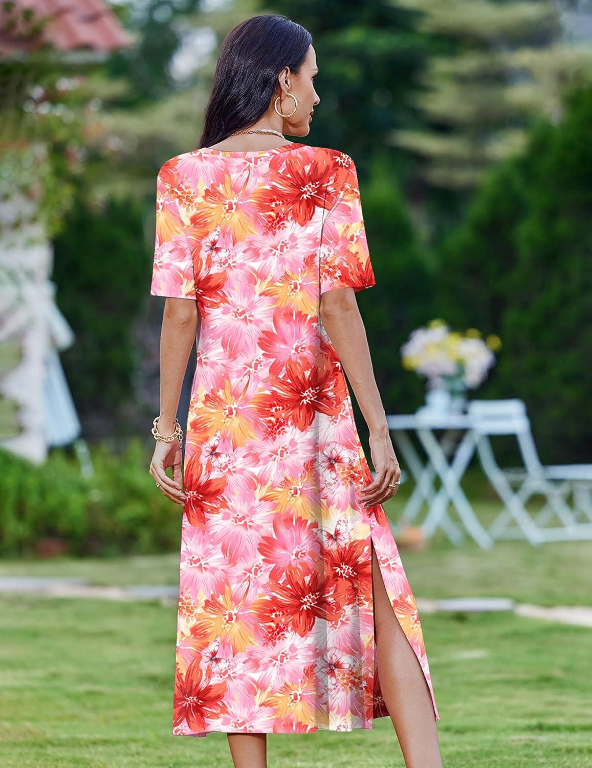 imageZEAGOO Women Summer Dress Casual Beach Dress Floral Maxi Split Long Dress 2026 Vacation DressFlowers Red Yellow