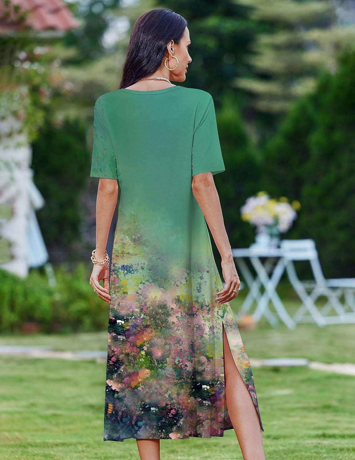 imageZEAGOO Women Summer Dress Casual Beach Dress Floral Maxi Split Long Dress 2026 Vacation DressGreen Cx322