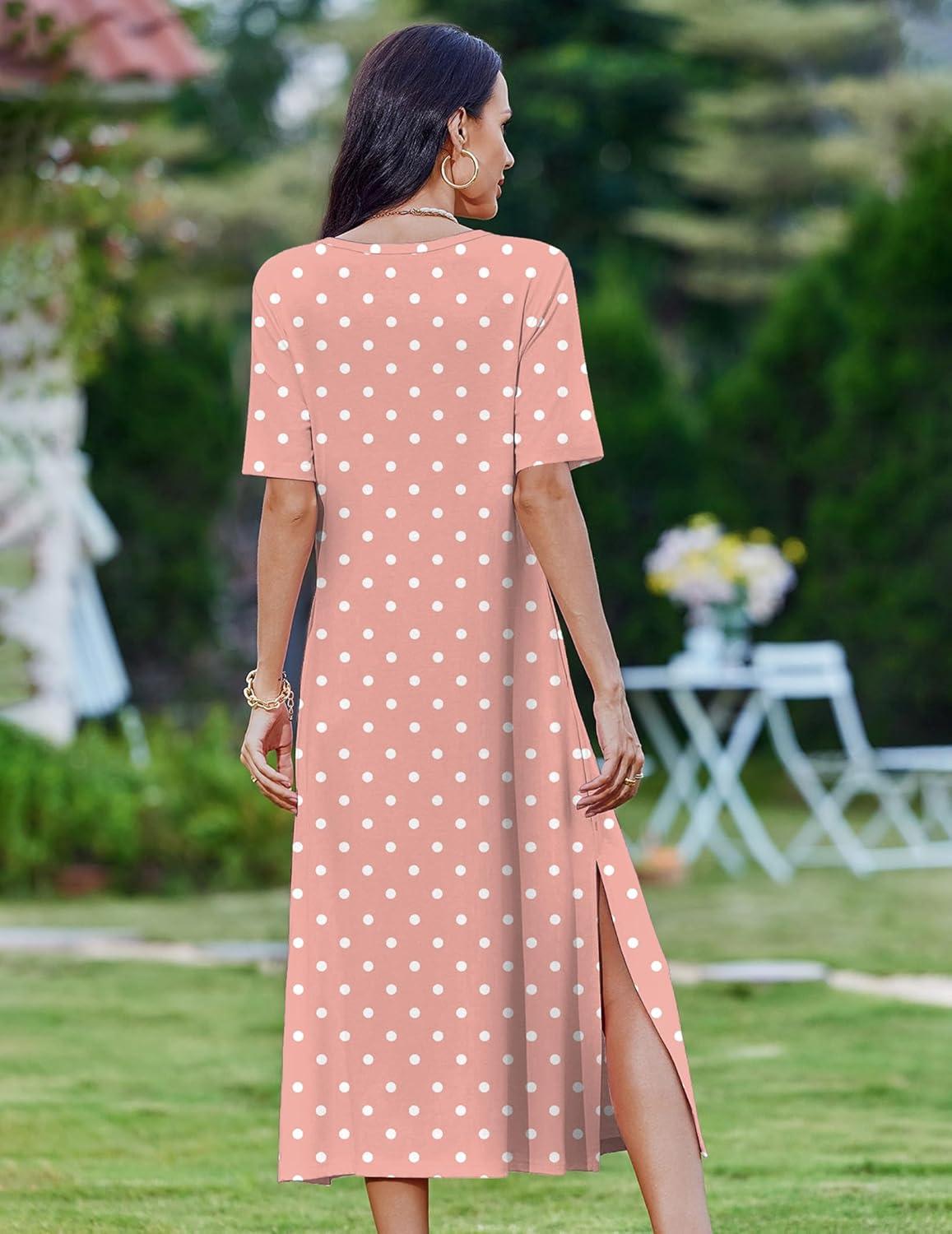 imageZEAGOO Women Summer Dress Casual Beach Dress Floral Maxi Split Long Dress 2026 Vacation DressPink Dot