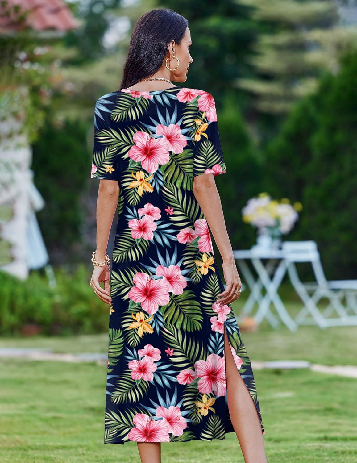 imageZEAGOO Women Summer Dress Casual Beach Dress Floral Maxi Split Long Dress 2026 Vacation DressPink Floral
