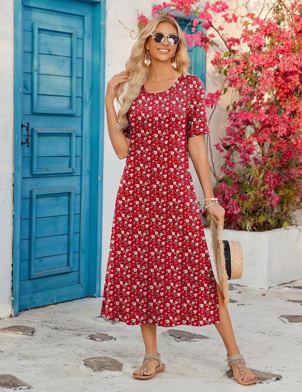 imageZEAGOO Women Summer Dress Casual Beach Dress Floral Maxi Split Long Dress 2026 Vacation DressRed