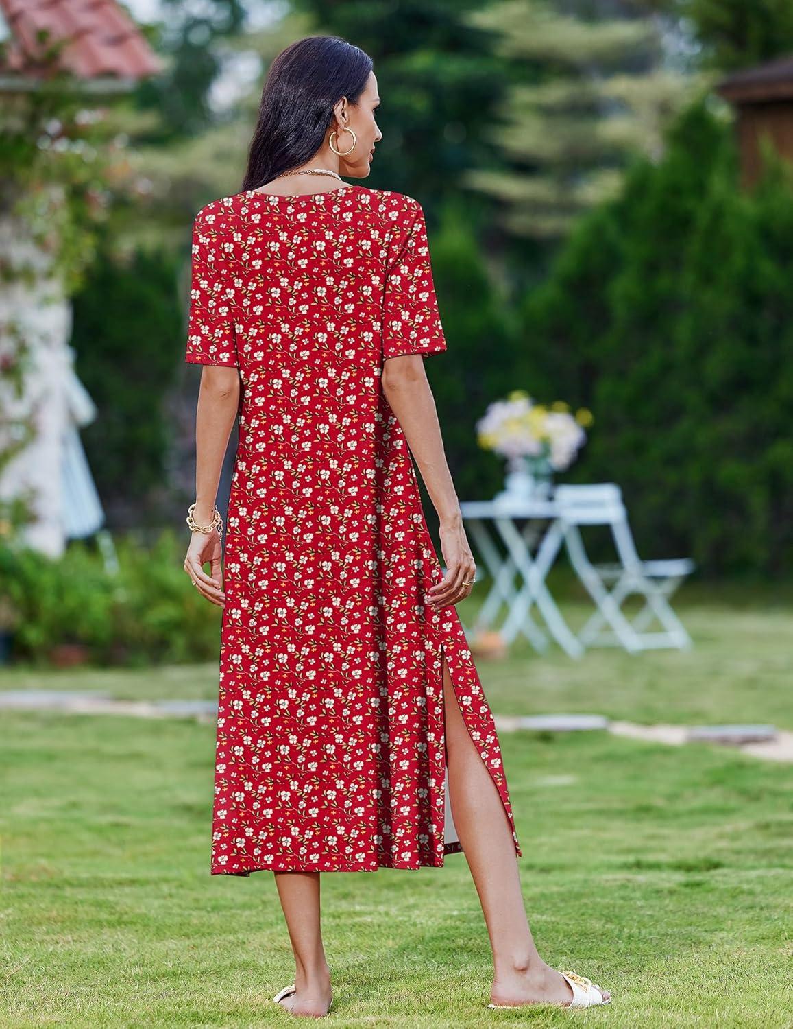 imageZEAGOO Women Summer Dress Casual Beach Dress Floral Maxi Split Long Dress 2026 Vacation DressRed