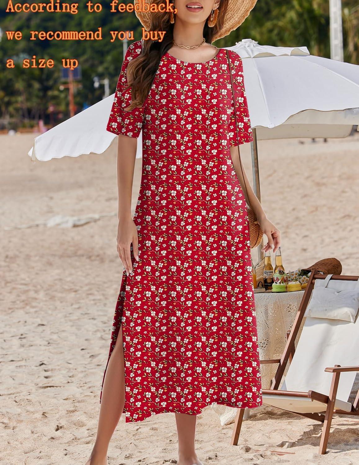 imageZEAGOO Women Summer Dress Casual Beach Dress Floral Maxi Split Long Dress 2026 Vacation DressRed