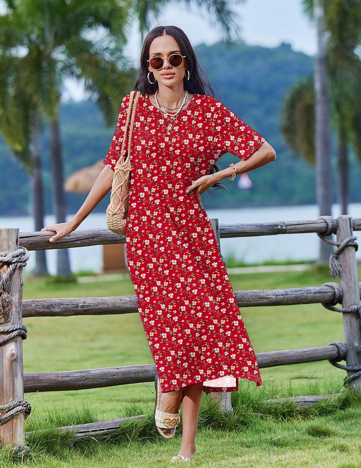 imageZEAGOO Women Summer Dress Casual Beach Dress Floral Maxi Split Long Dress 2026 Vacation DressRed