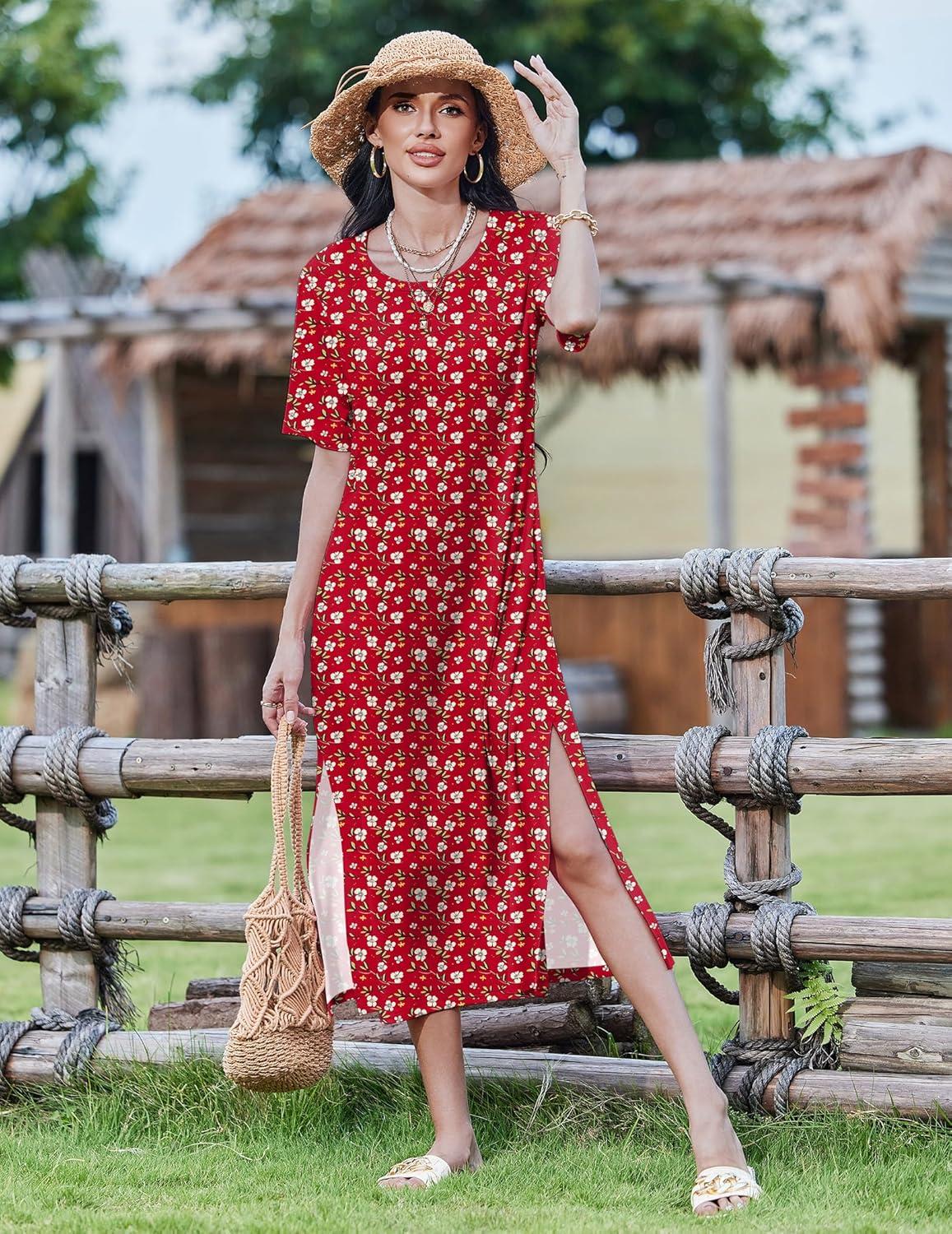 imageZEAGOO Women Summer Dress Casual Beach Dress Floral Maxi Split Long Dress 2026 Vacation DressRed
