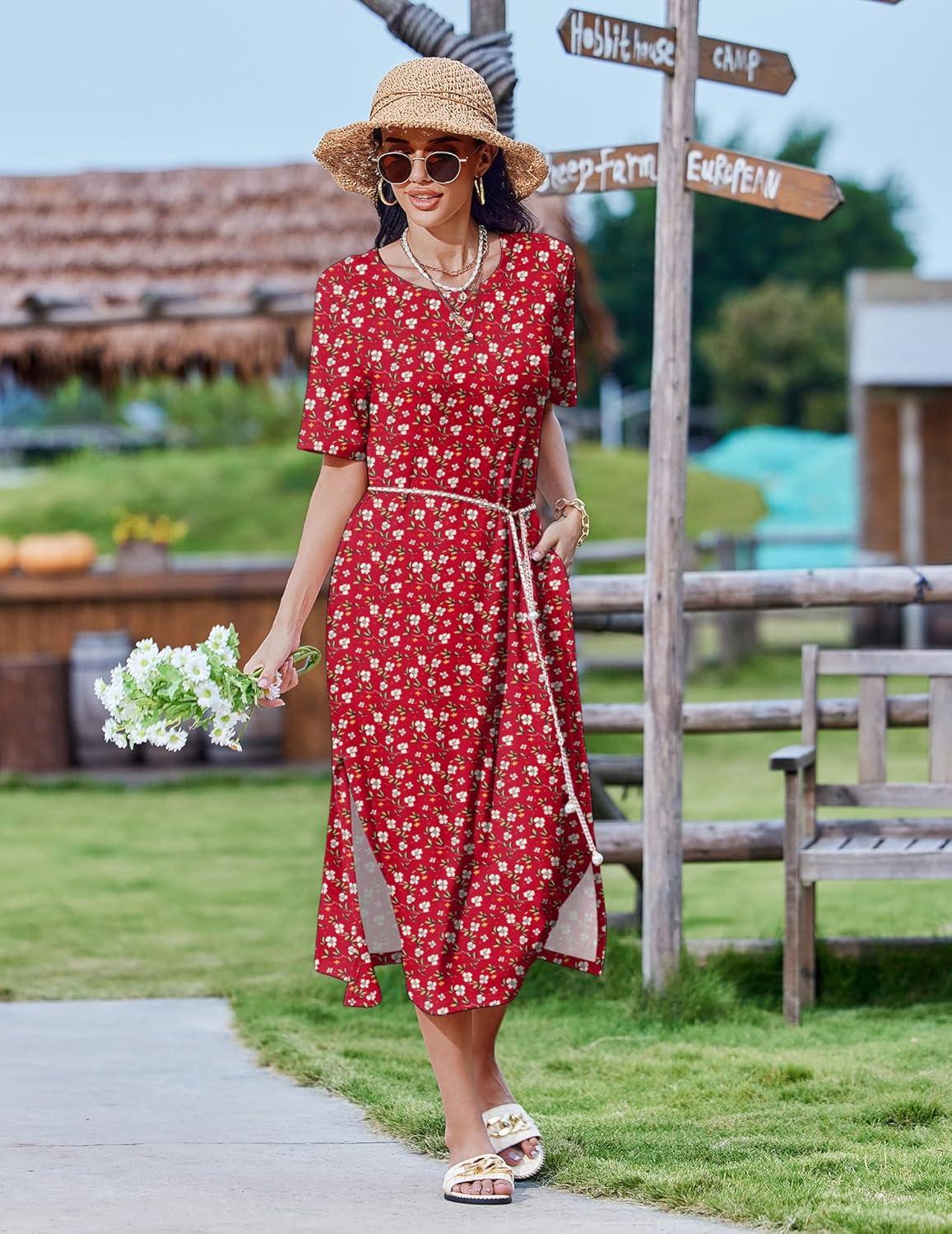 imageZEAGOO Women Summer Dress Casual Beach Dress Floral Maxi Split Long Dress 2026 Vacation DressRed