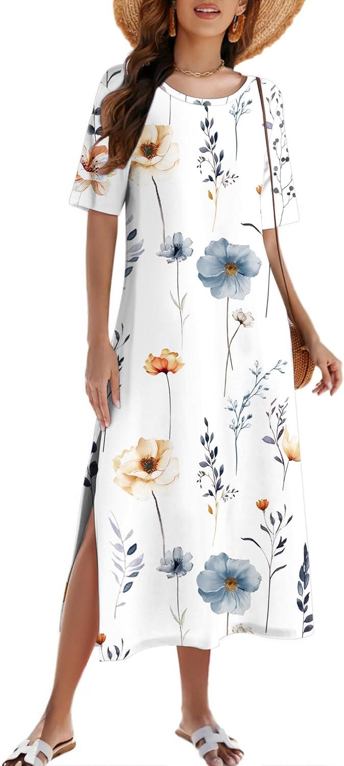 imageZEAGOO Women Summer Dress Casual Beach Dress Floral Maxi Split Long Dress 2026 Vacation DressWhite