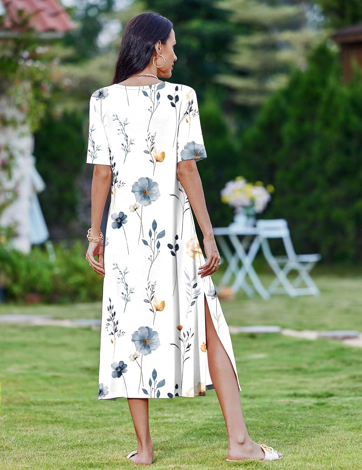 imageZEAGOO Women Summer Dress Casual Beach Dress Floral Maxi Split Long Dress 2026 Vacation DressWhite