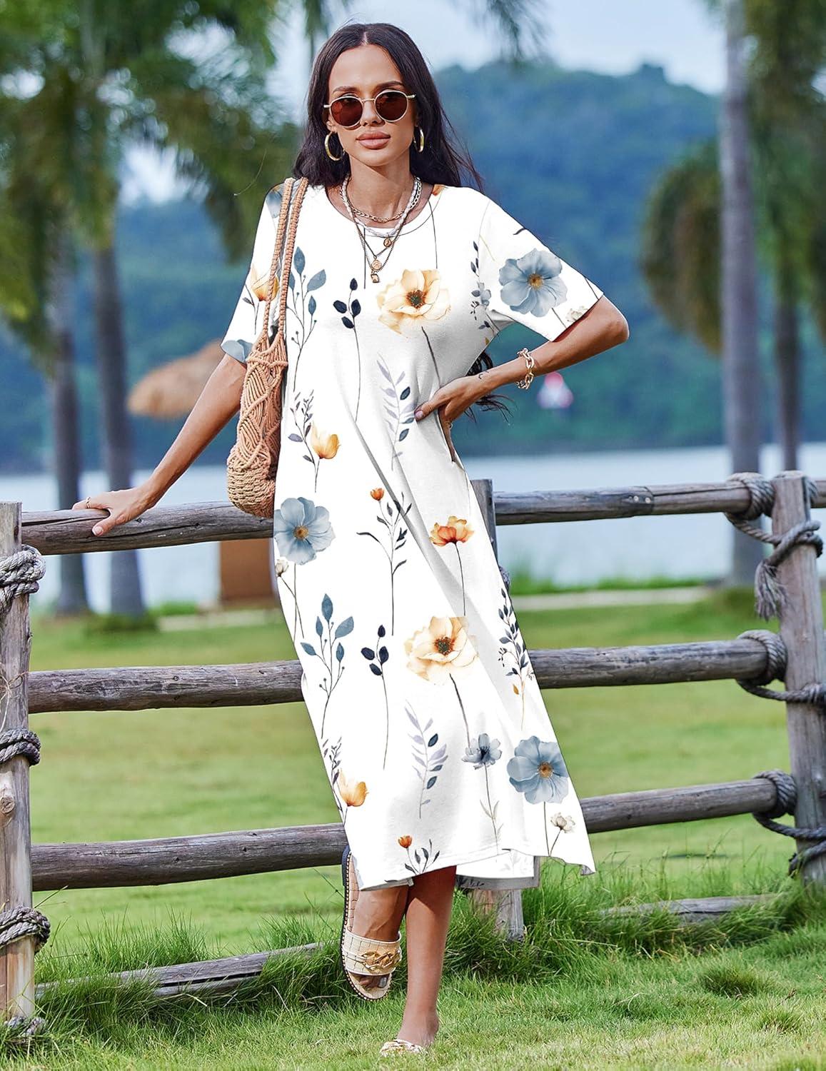 imageZEAGOO Women Summer Dress Casual Beach Dress Floral Maxi Split Long Dress 2026 Vacation DressWhite