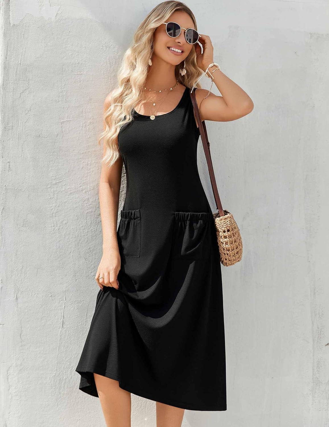 imageZeagoo Dresses for Women 2026 Casual Summer Midi Sleeveless Dress A Line Crewneck Beach Vacation Tank Sundresses with PocketsBlack