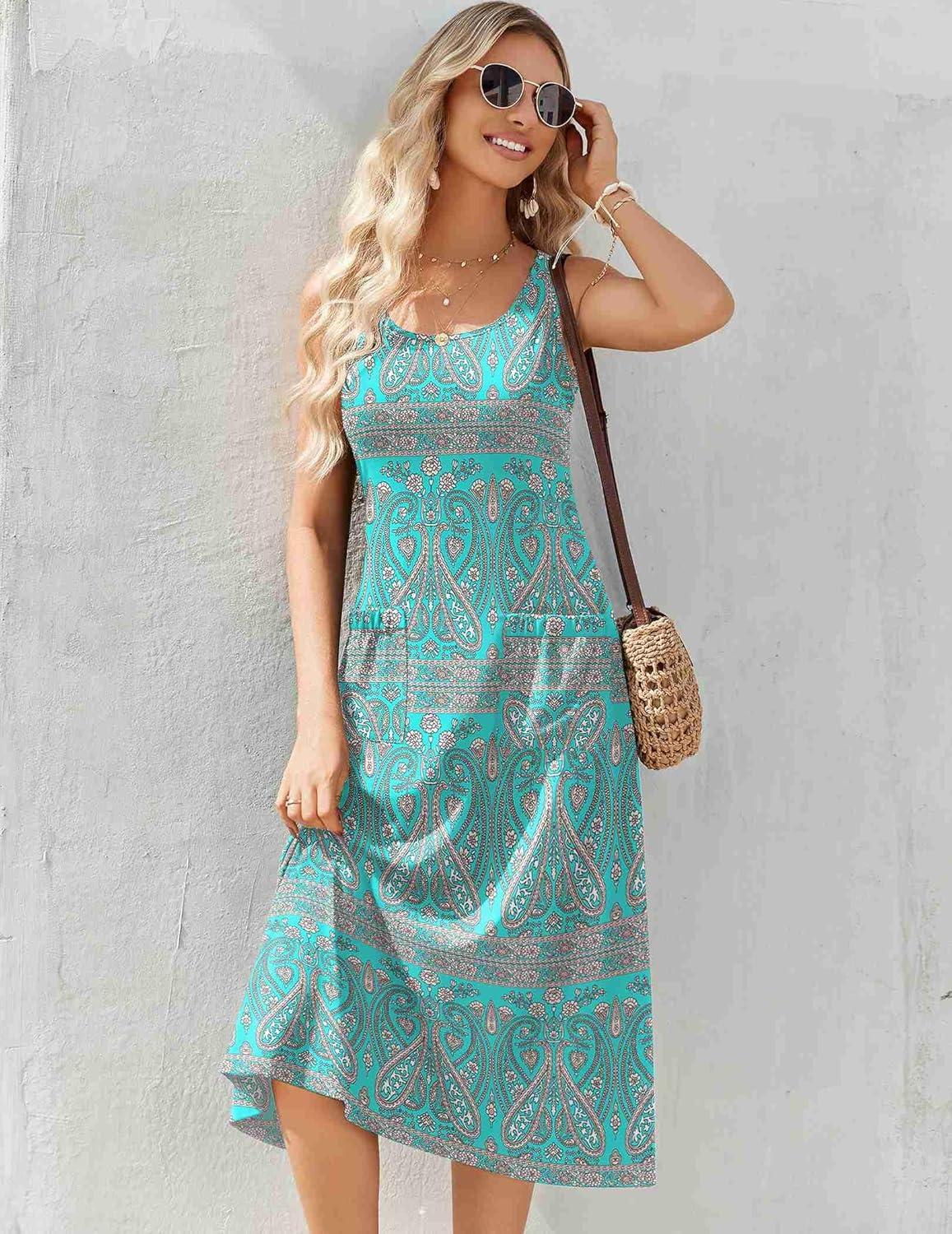 imageZeagoo Dresses for Women 2026 Casual Summer Midi Sleeveless Dress A Line Crewneck Beach Vacation Tank Sundresses with PocketsBlue Patternpa169