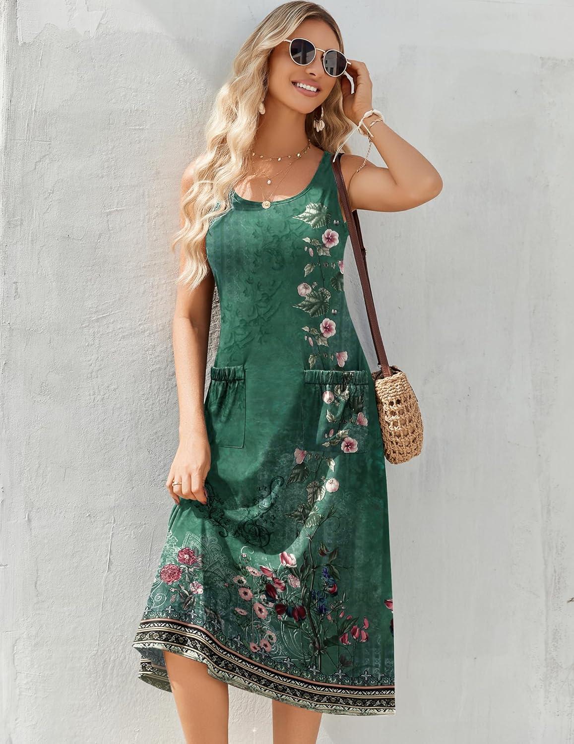 imageZeagoo Dresses for Women 2026 Casual Summer Midi Sleeveless Dress A Line Crewneck Beach Vacation Tank Sundresses with PocketsGreen Floralpa171