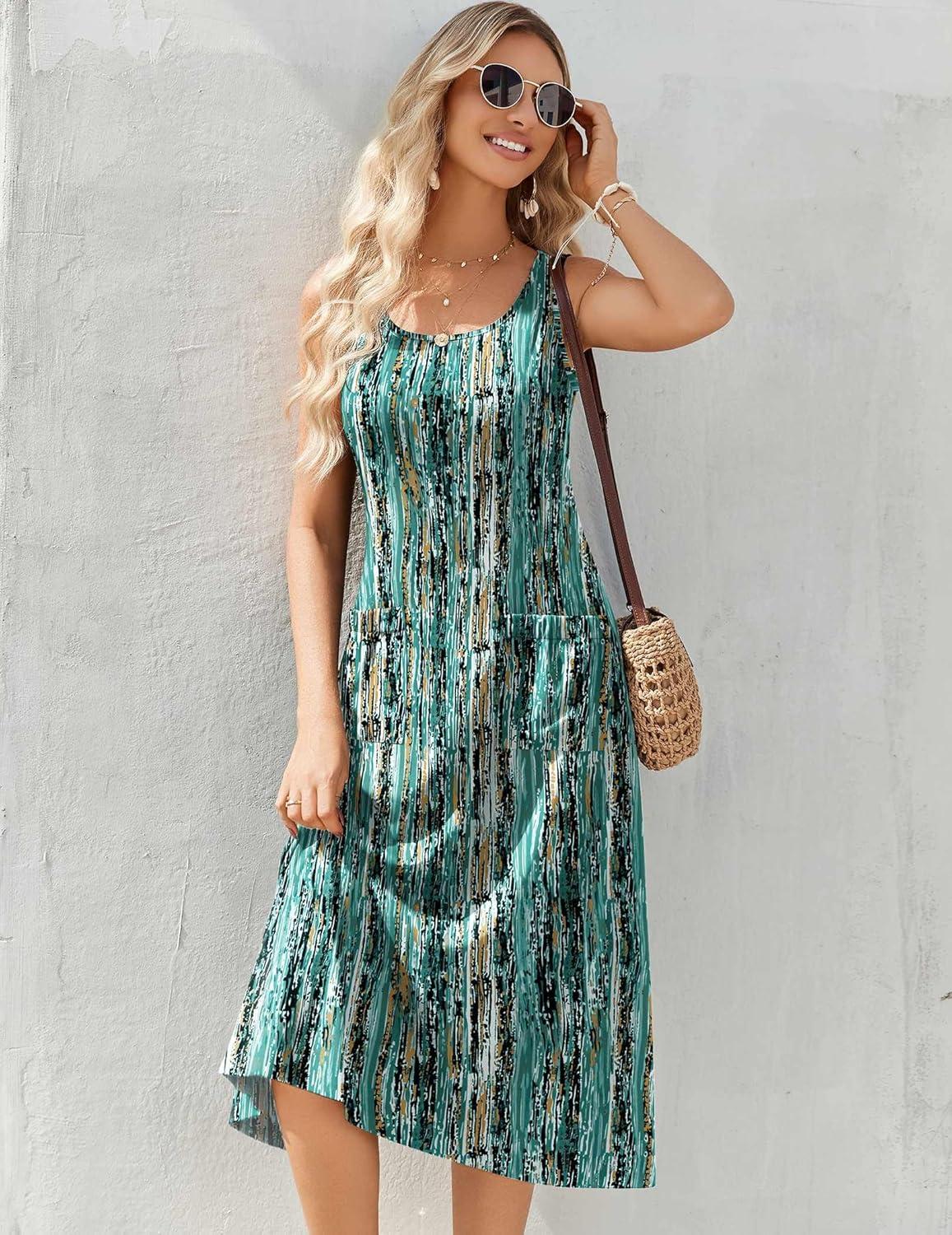 imageZeagoo Dresses for Women 2026 Casual Summer Midi Sleeveless Dress A Line Crewneck Beach Vacation Tank Sundresses with PocketsGreencx259