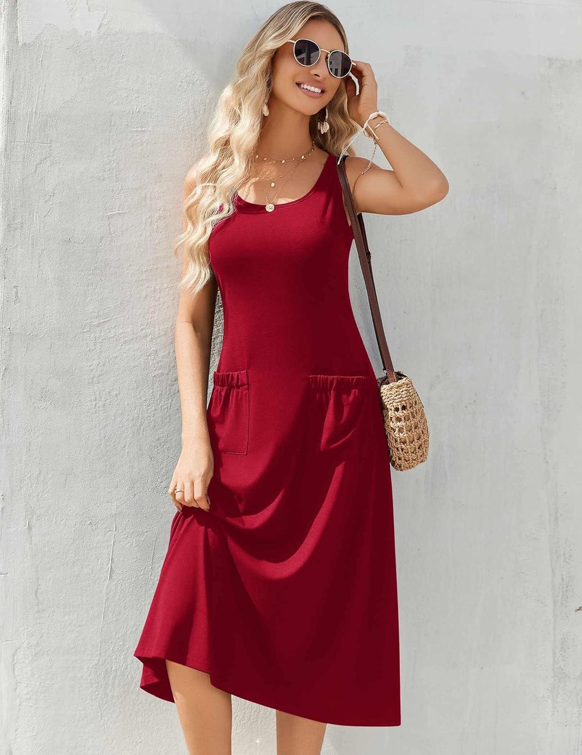 imageZeagoo Dresses for Women 2026 Casual Summer Midi Sleeveless Dress A Line Crewneck Beach Vacation Tank Sundresses with PocketsRedtr