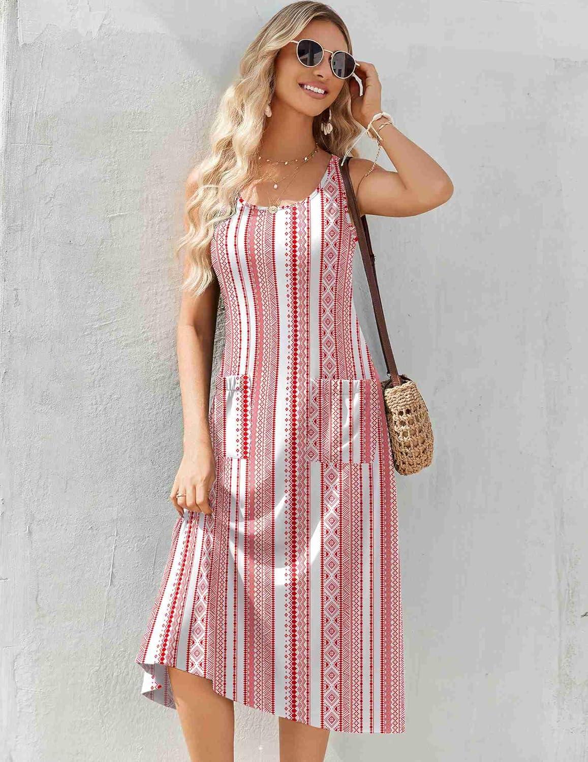 imageZeagoo Dresses for Women 2026 Casual Summer Midi Sleeveless Dress A Line Crewneck Beach Vacation Tank Sundresses with PocketsWhitered Patternmz772
