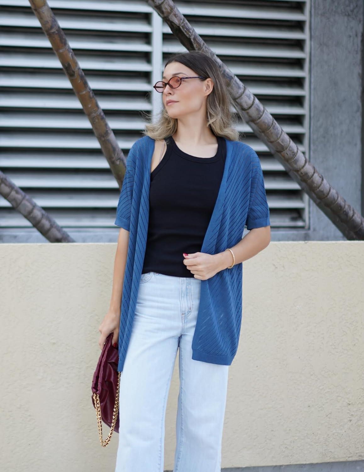imageZeagoo Lightweight Summer Cardigan for Women Short Sleeve V Neck Crochet Kimonos Loose Open Front Hollow Out Cover UpsAshleigh Blue
