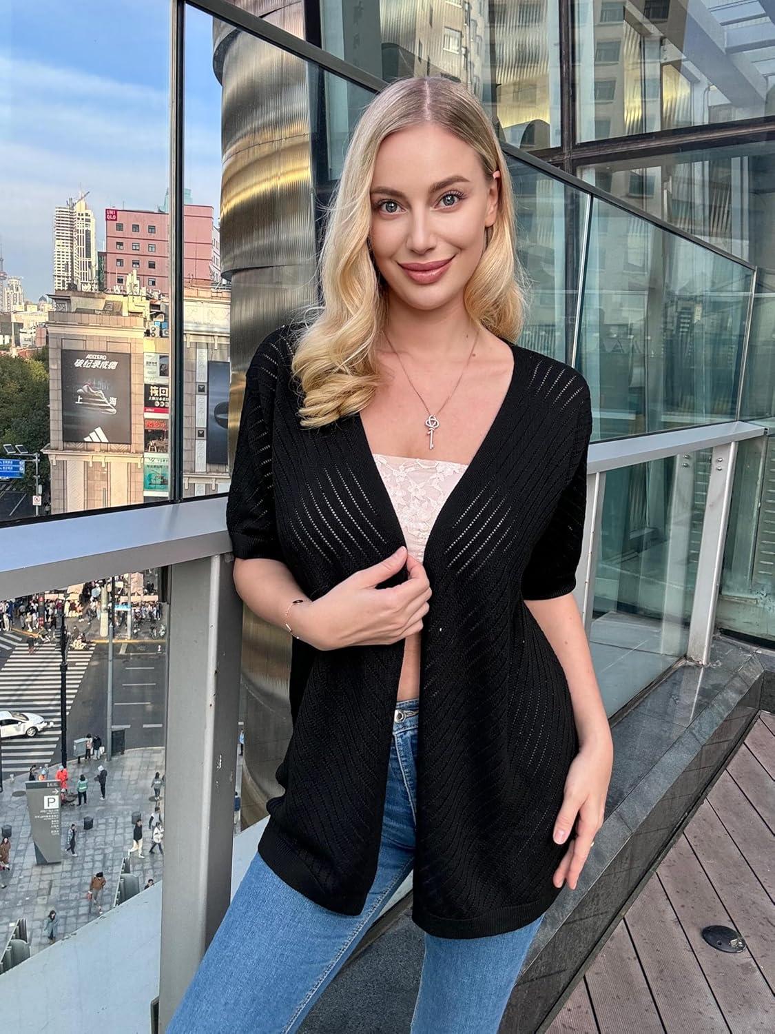 imageZeagoo Lightweight Summer Cardigan for Women Short Sleeve V Neck Crochet Kimonos Loose Open Front Hollow Out Cover UpsBlack