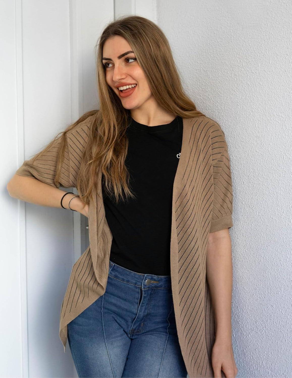 imageZeagoo Lightweight Summer Cardigan for Women Short Sleeve V Neck Crochet Kimonos Loose Open Front Hollow Out Cover UpsBrown